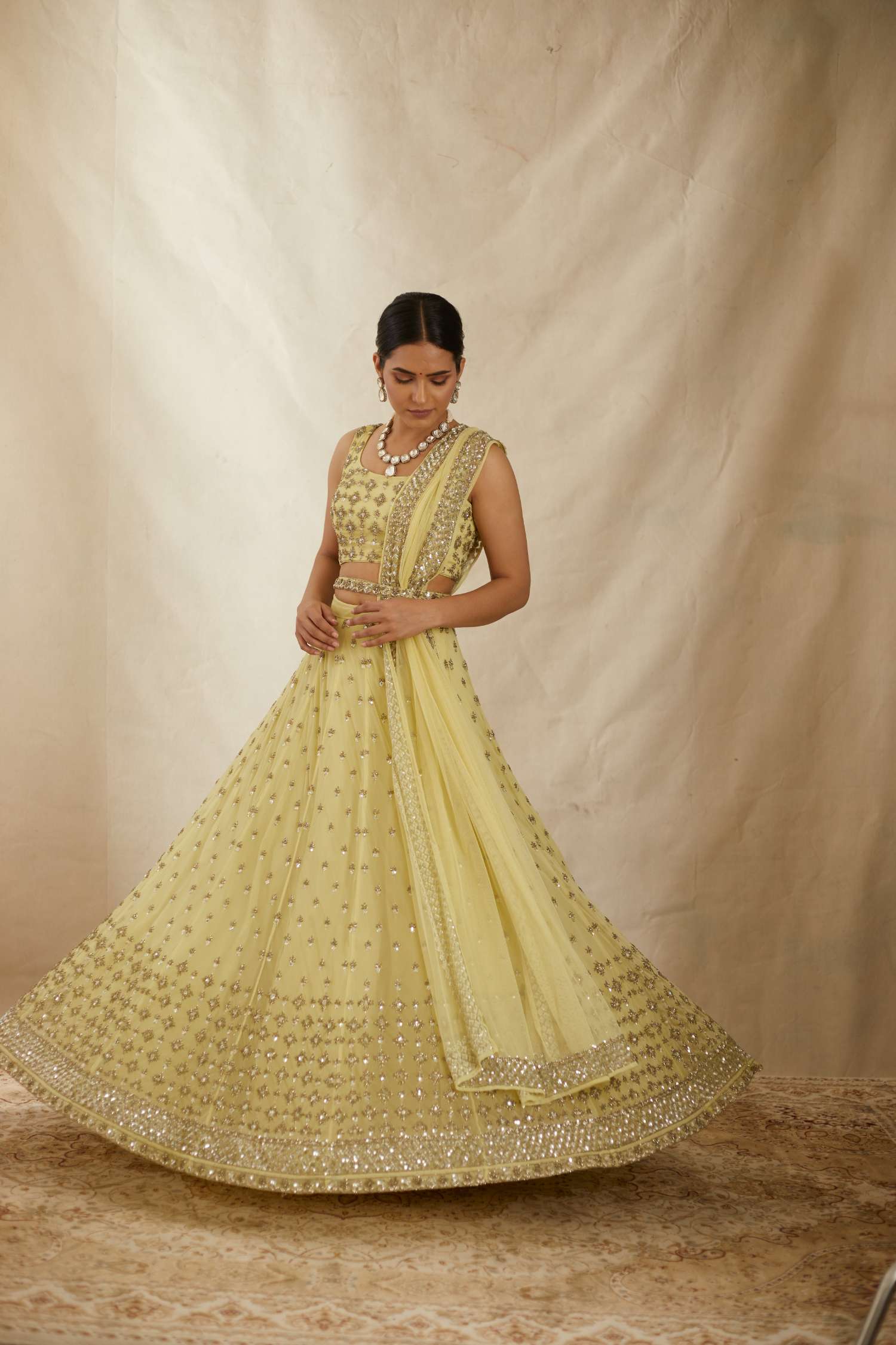 Yellow Net Crepe Embroidered Lehenga Set