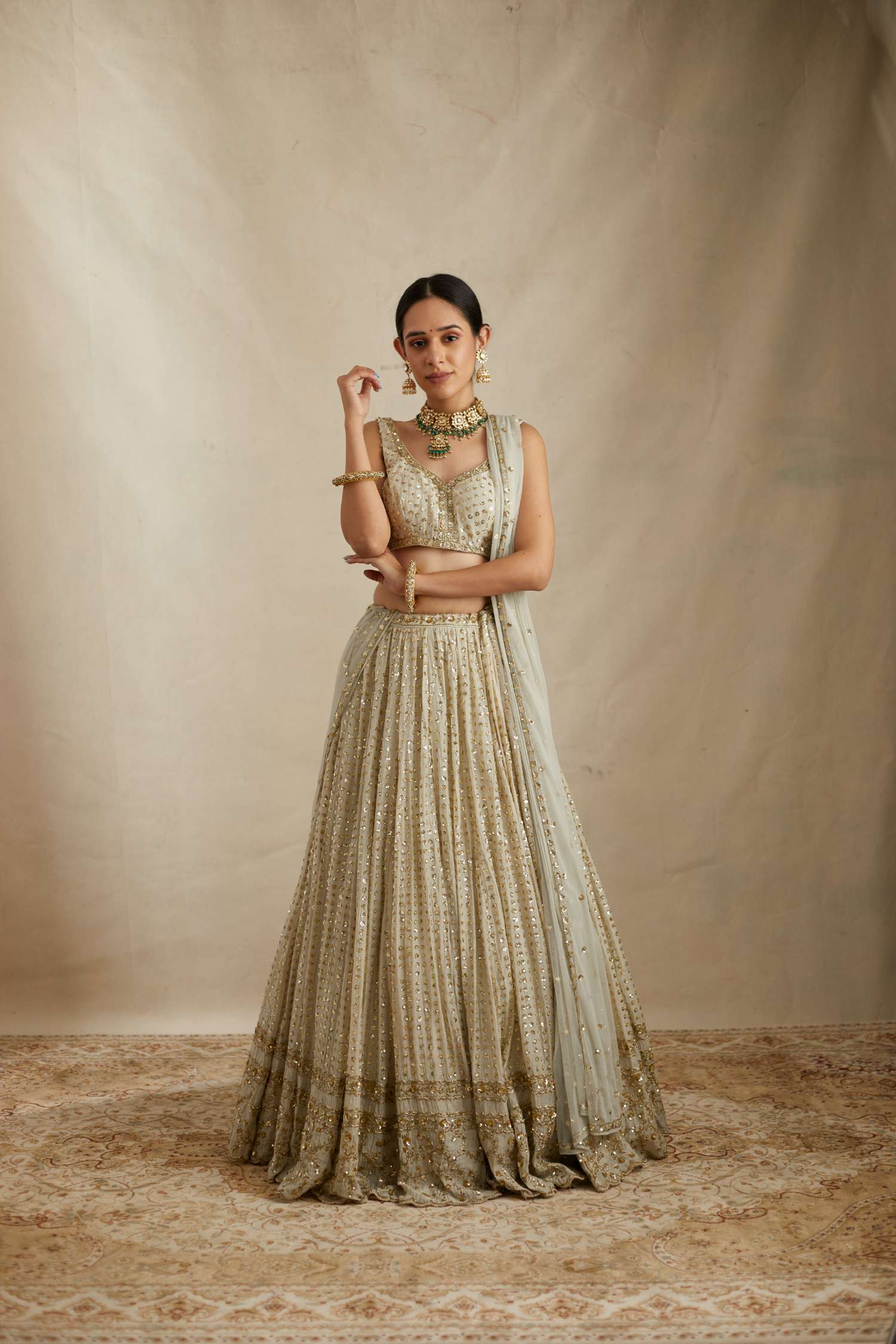 Mint Chanderi Heavy Sitara Work Lehenga Set
