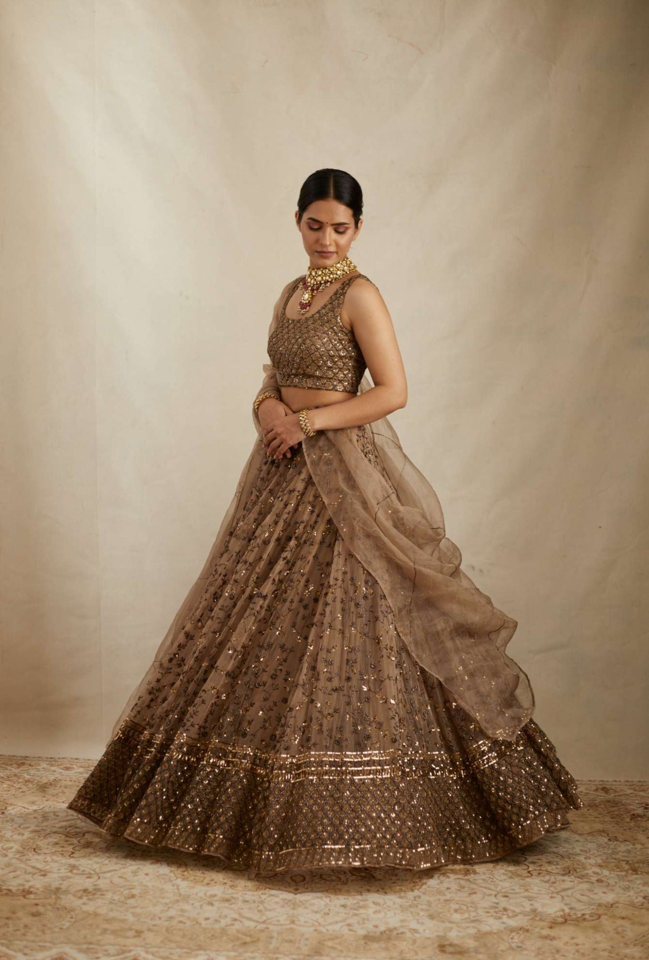 Brown Jaal Work Organza Lehenga Set