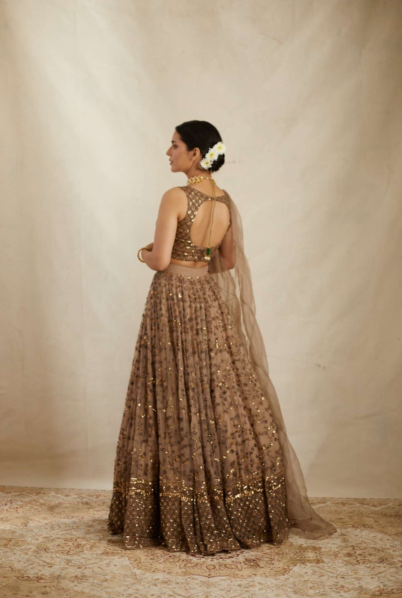 Brown Jaal Work Organza Lehenga Set