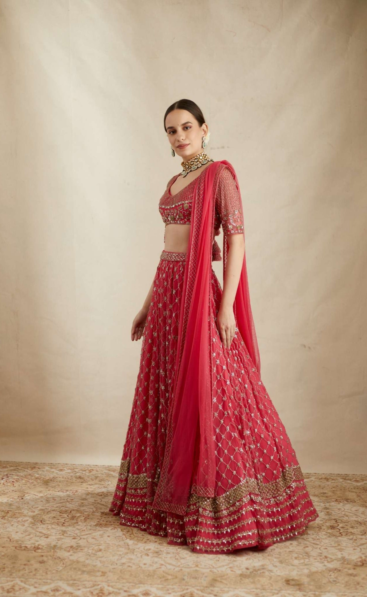 Caramine Pink Heavy Jaal Work Lehenga Set