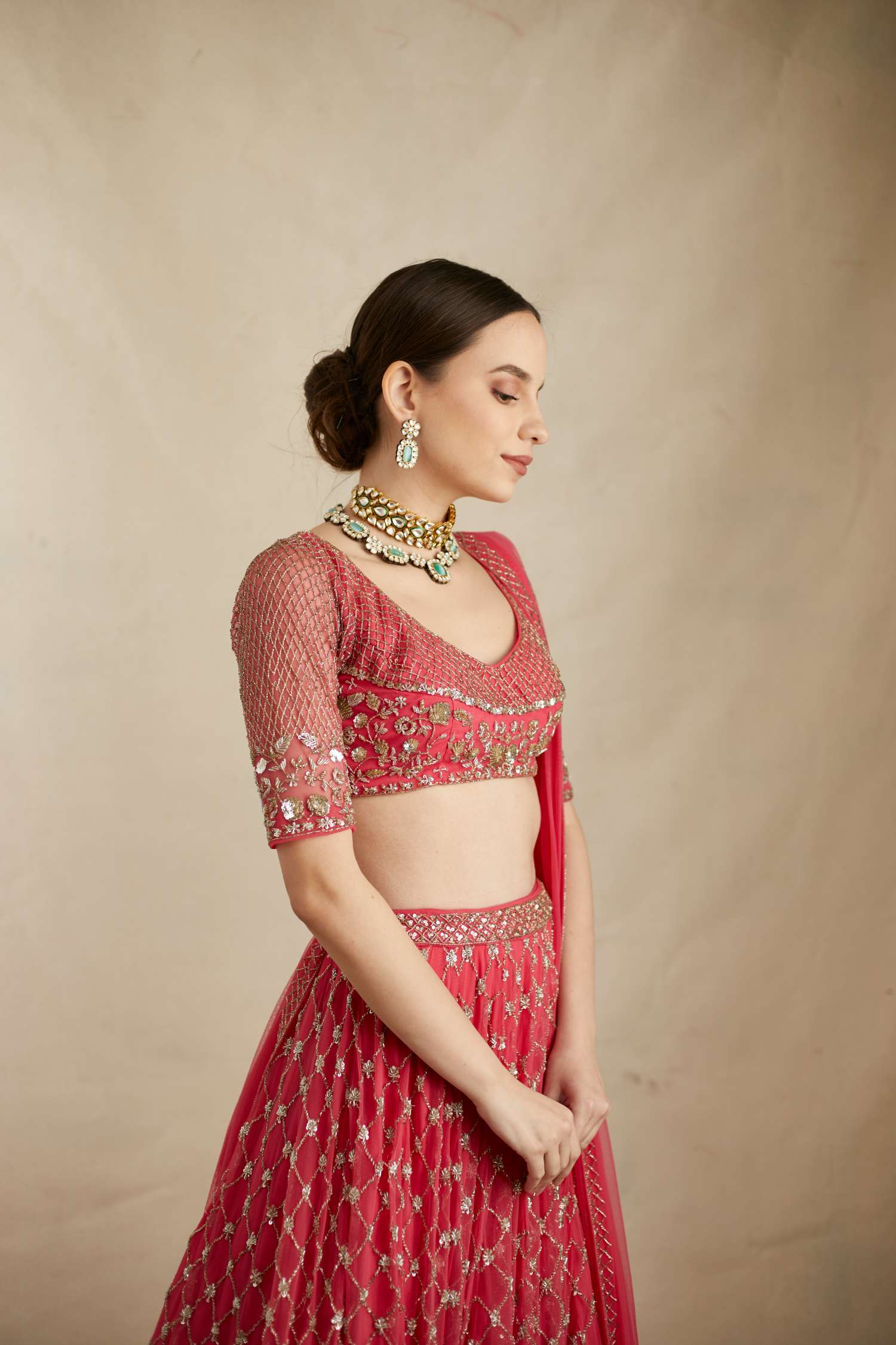 Caramine Pink Heavy Jaal Work Lehenga Set