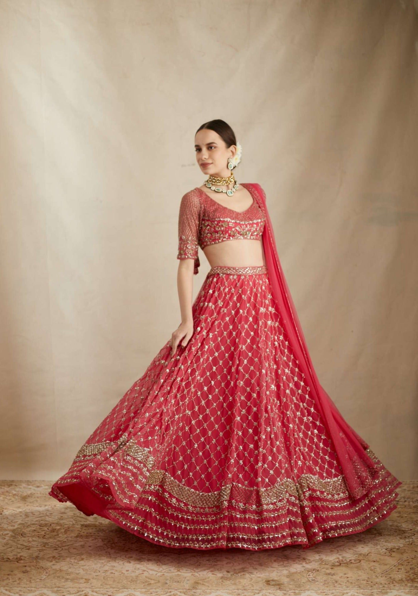 Caramine Pink Heavy Jaal Work Lehenga Set