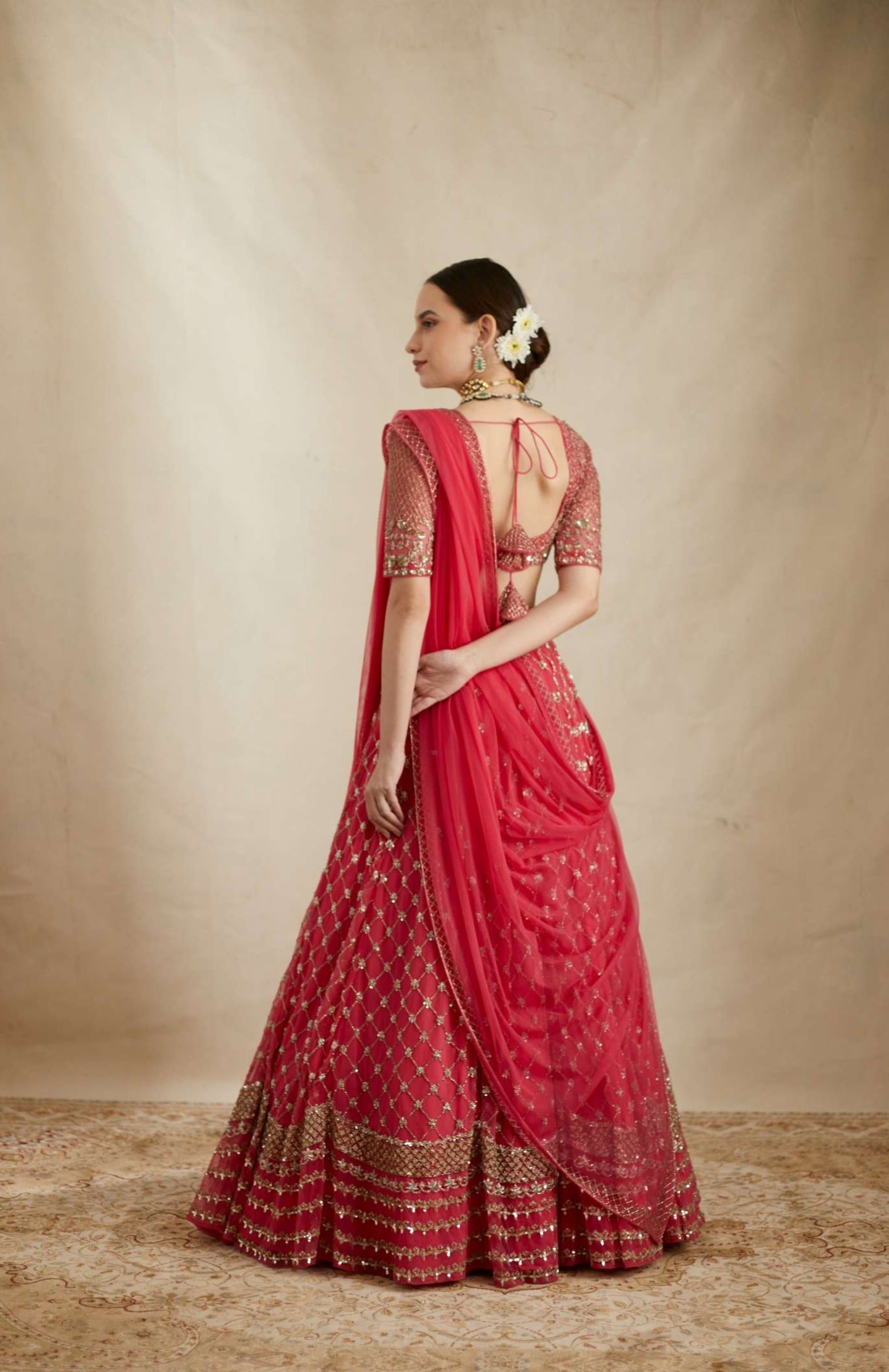 Caramine Pink Heavy Jaal Work Lehenga Set