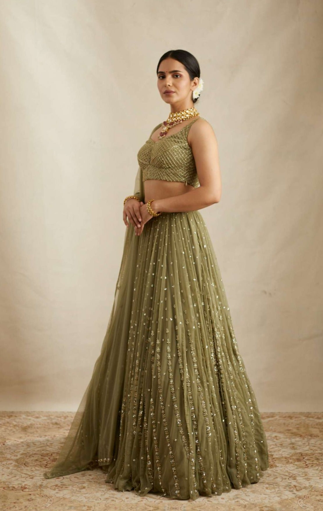 Olive Green Net Crepe Line Embroidered Lehenga Set
