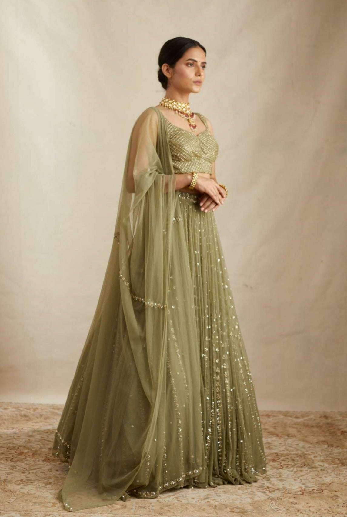 Olive Green Net Crepe Line Embroidered Lehenga Set