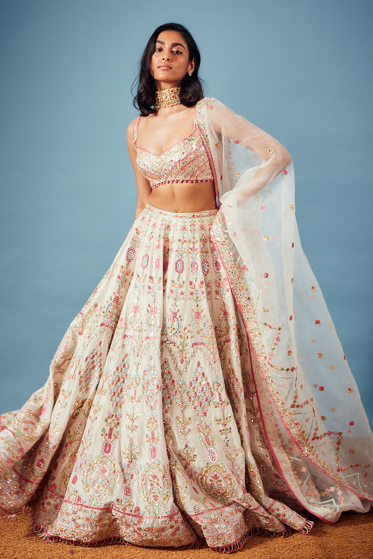 Ivory Chanderi Mirror Lehenga Set