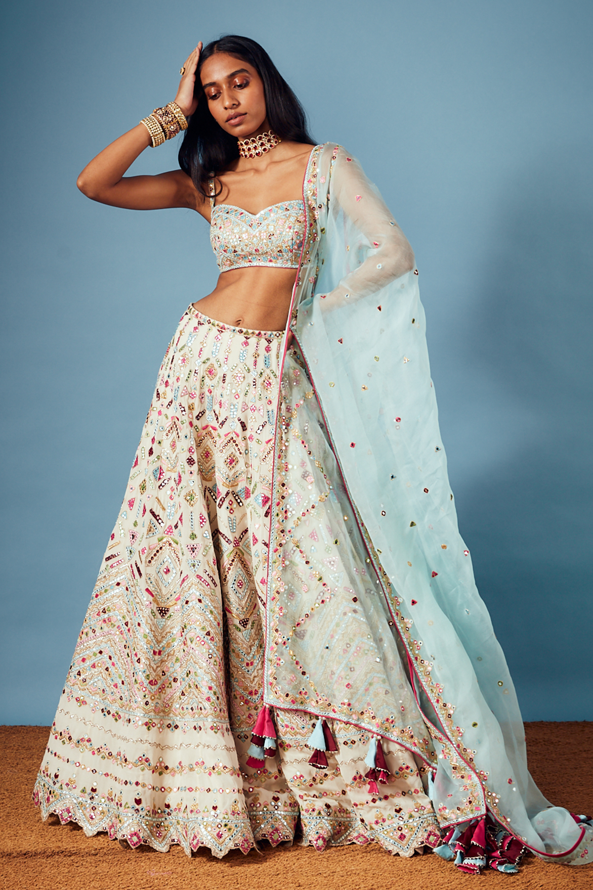 Ivory Georgette Multi Coloured Resham Lehenga Set