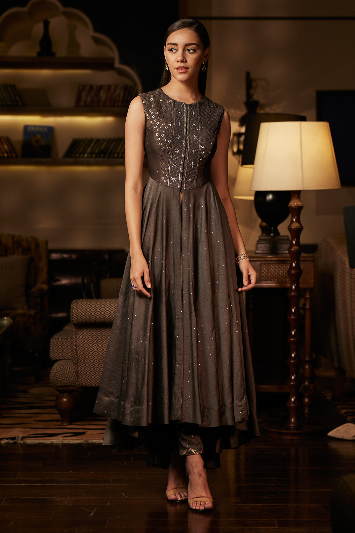 Grey Chanderi Anarkali with Front slit