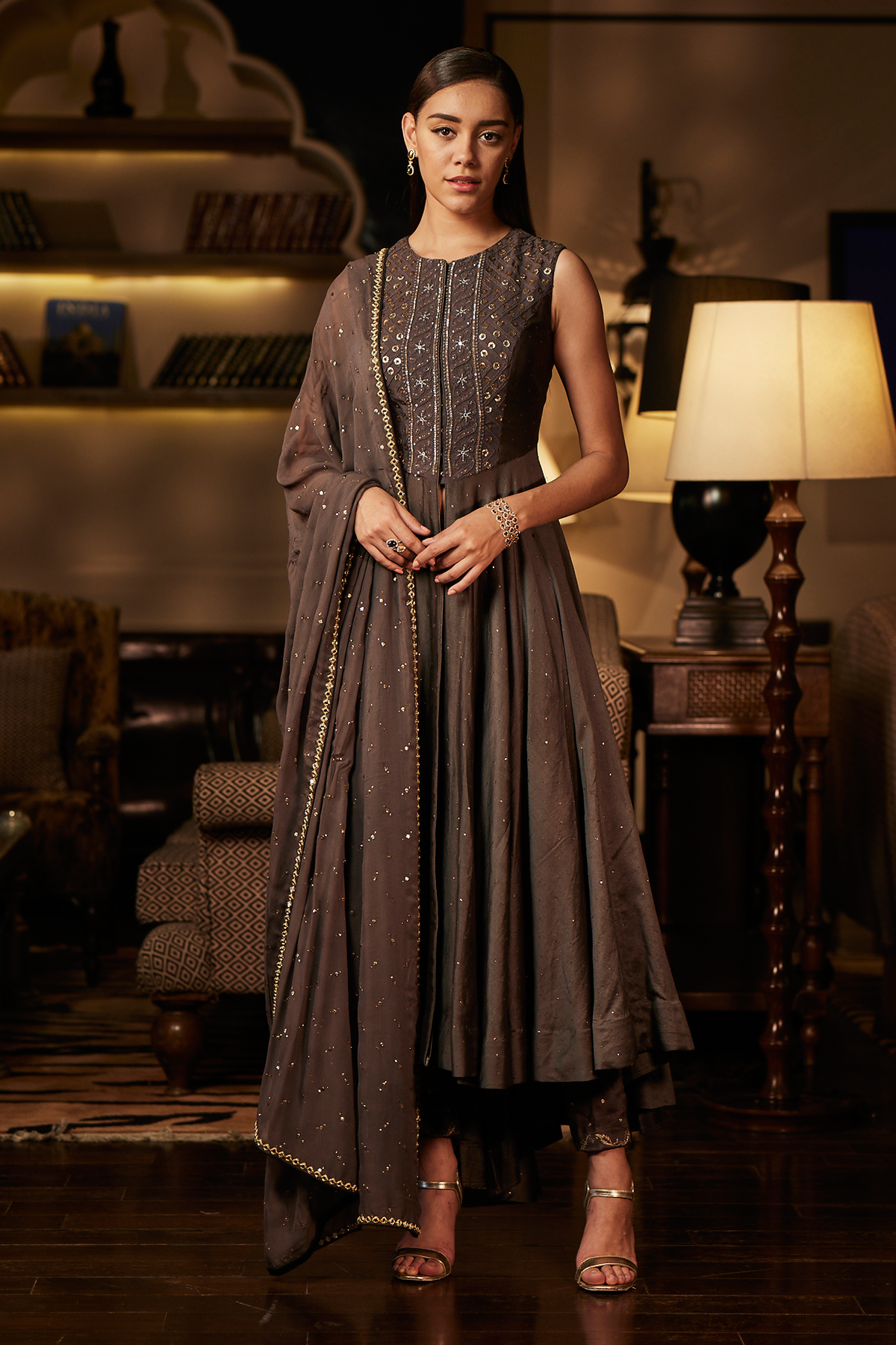 Grey Chanderi Anarkali with Front slit
