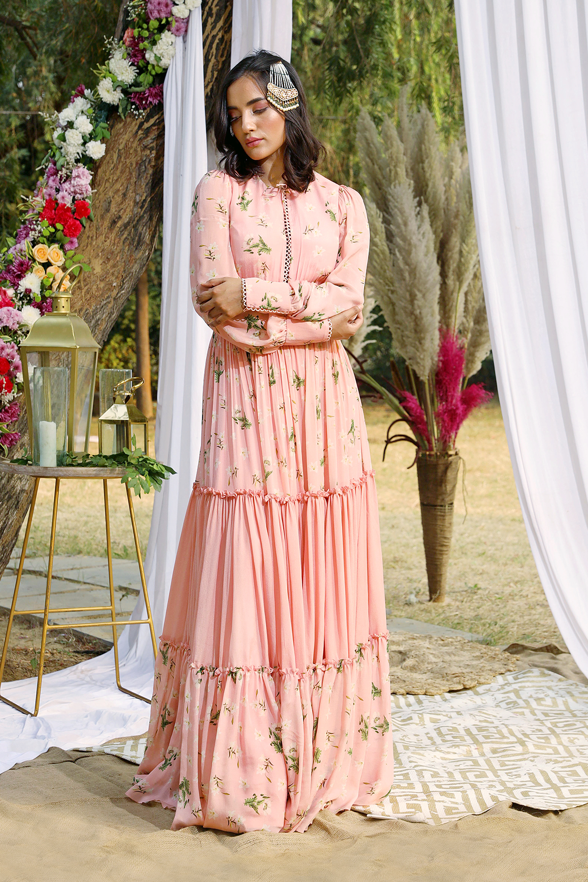 chinese dress ladies Mac Duggal Women's Pleated High Neck Raglan Long Sleeve Side Slit Gown - Pink - Size 12