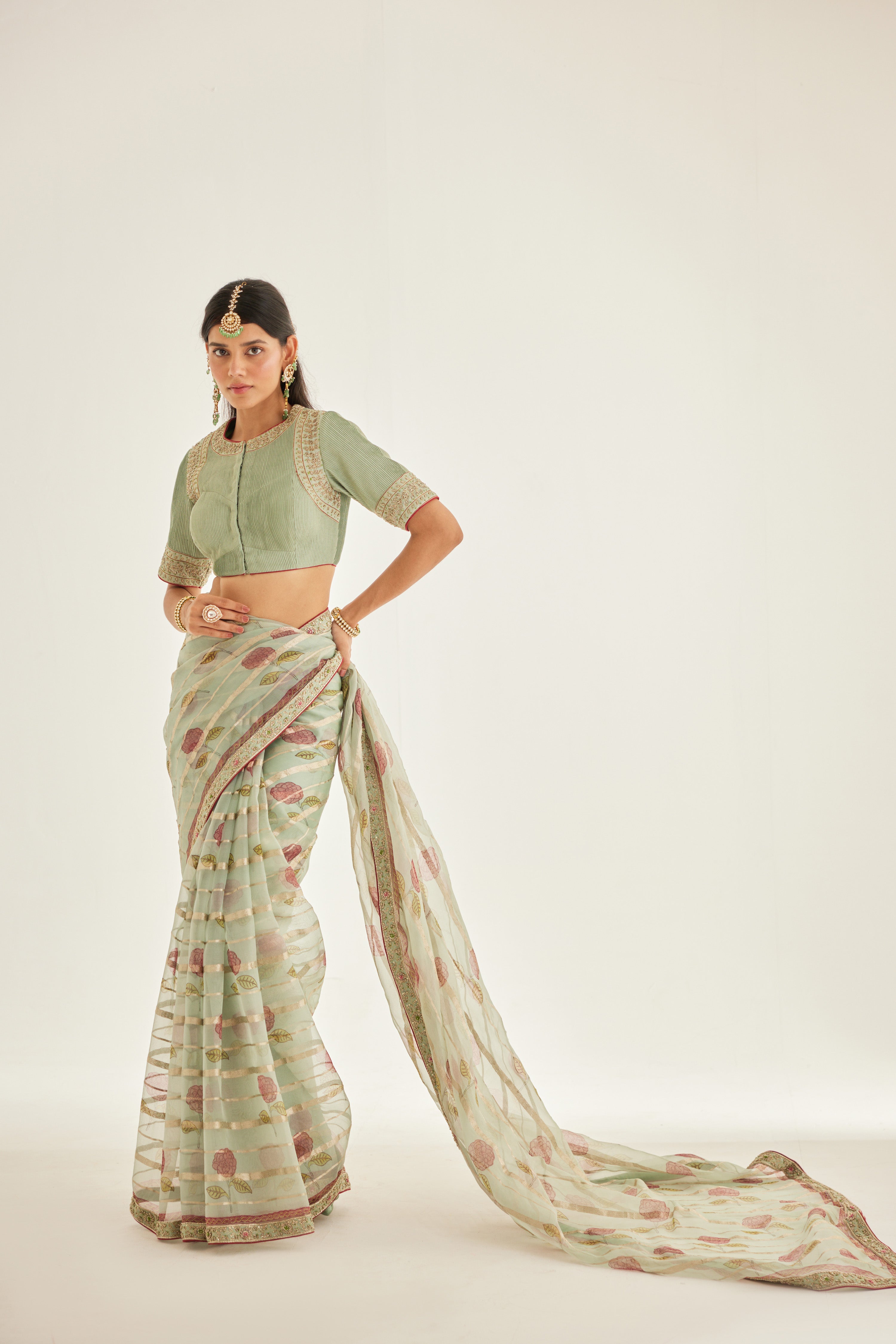 Smoke Green Saree Set