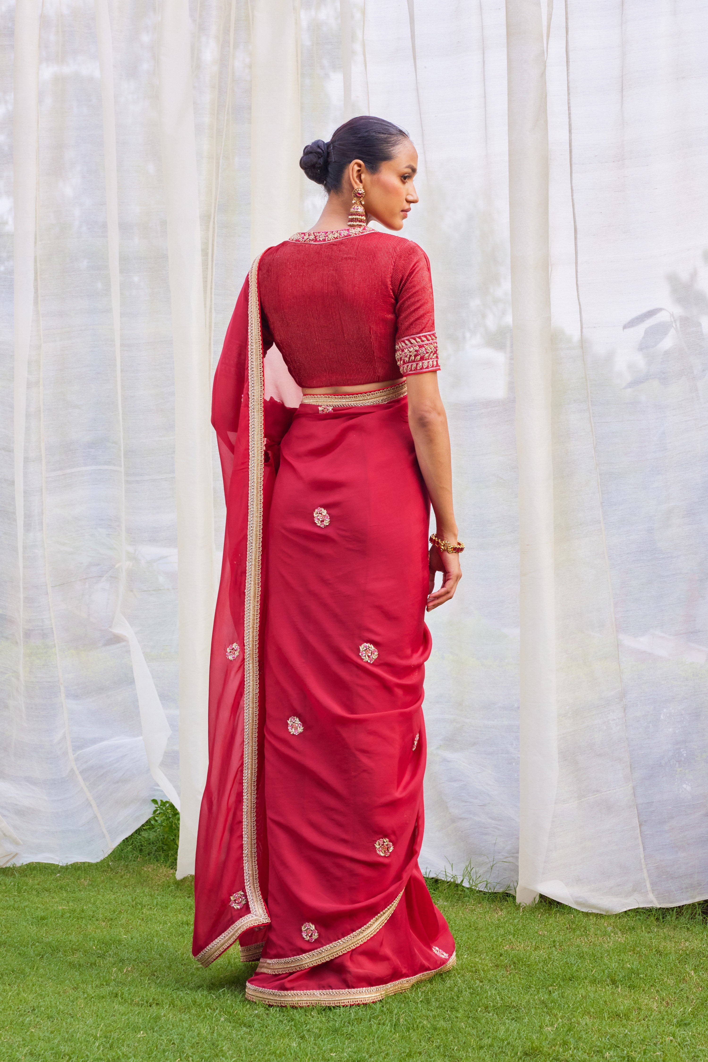 Red Maroon Saree Set