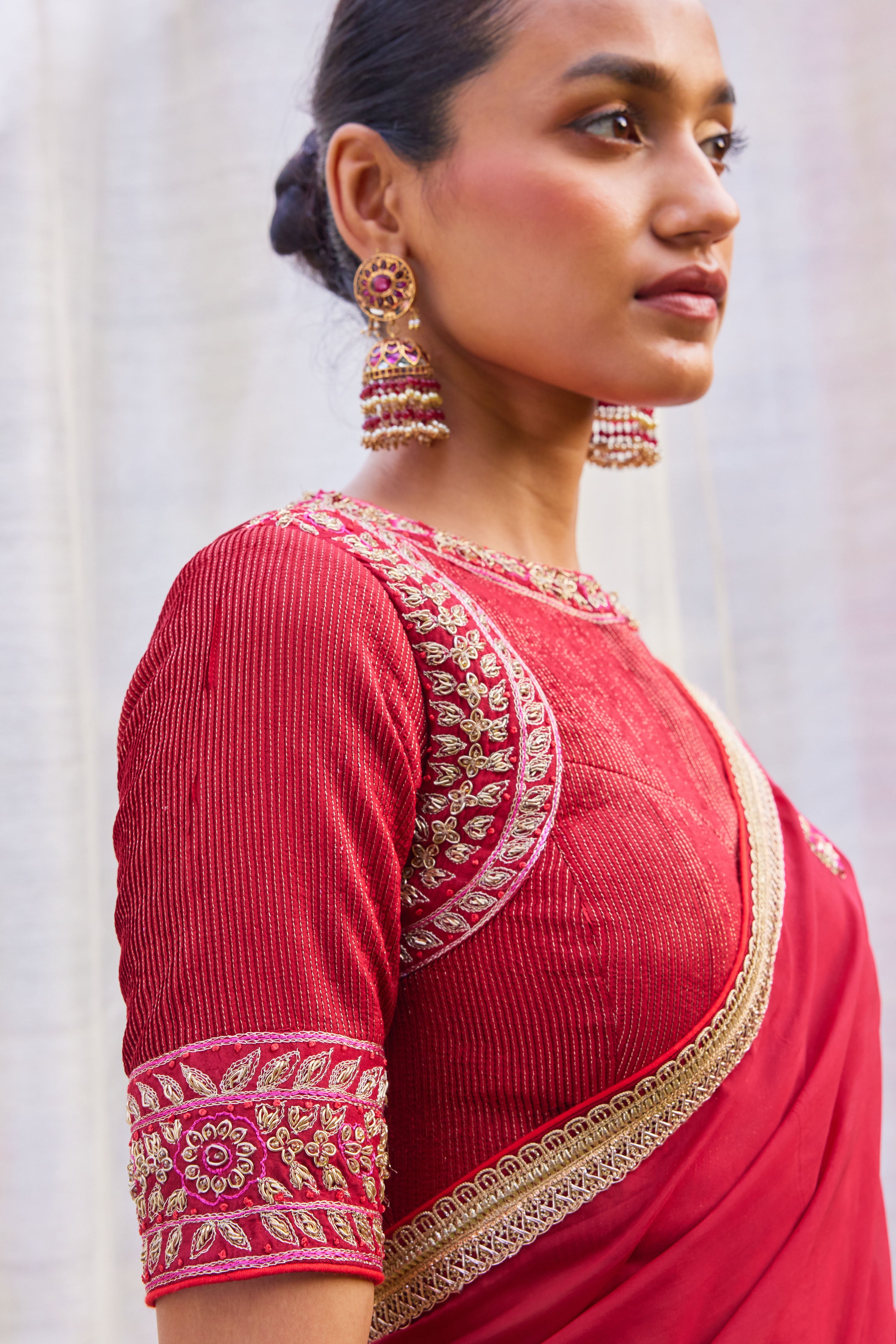 Red Maroon Saree Set