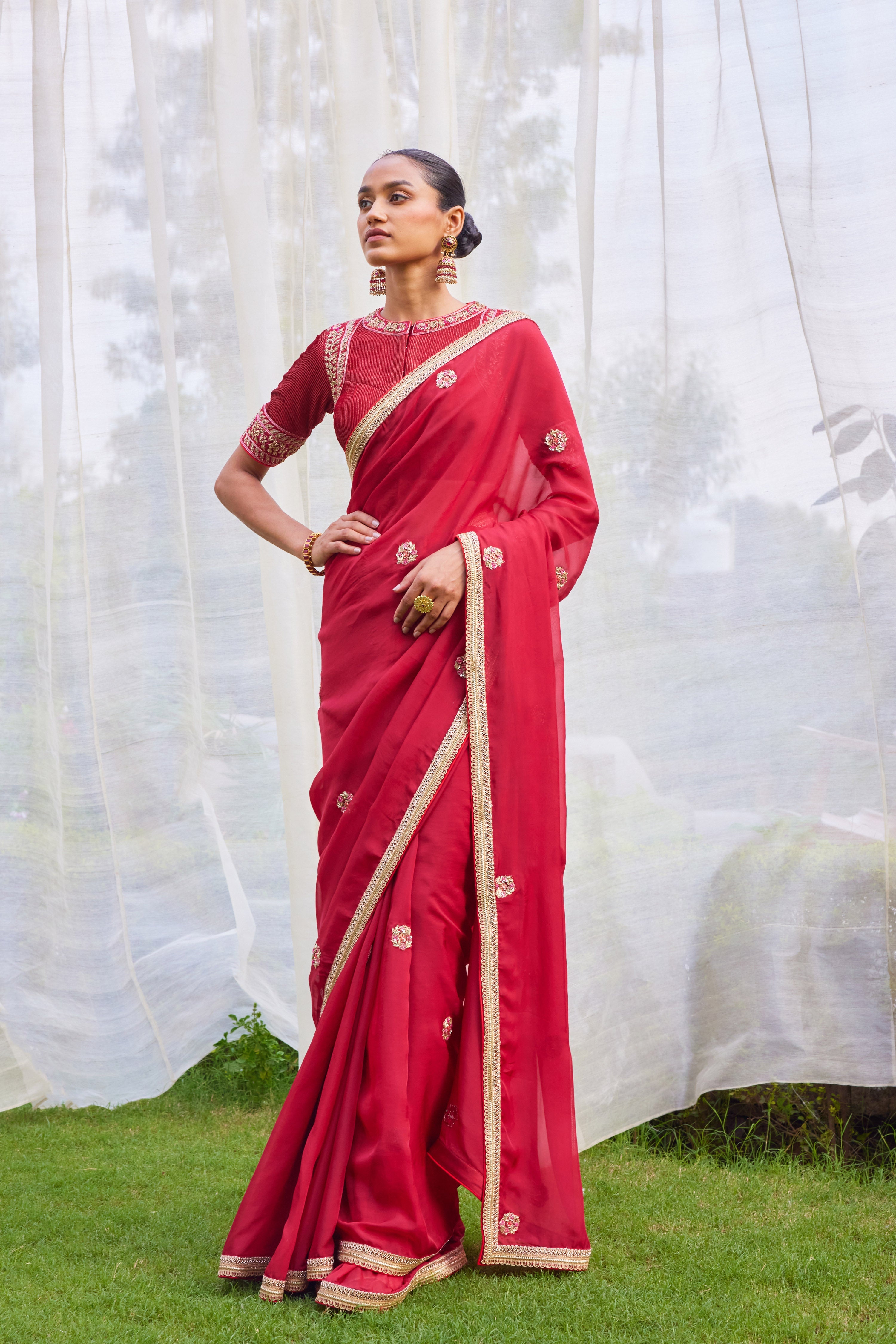 Red Maroon Saree Set