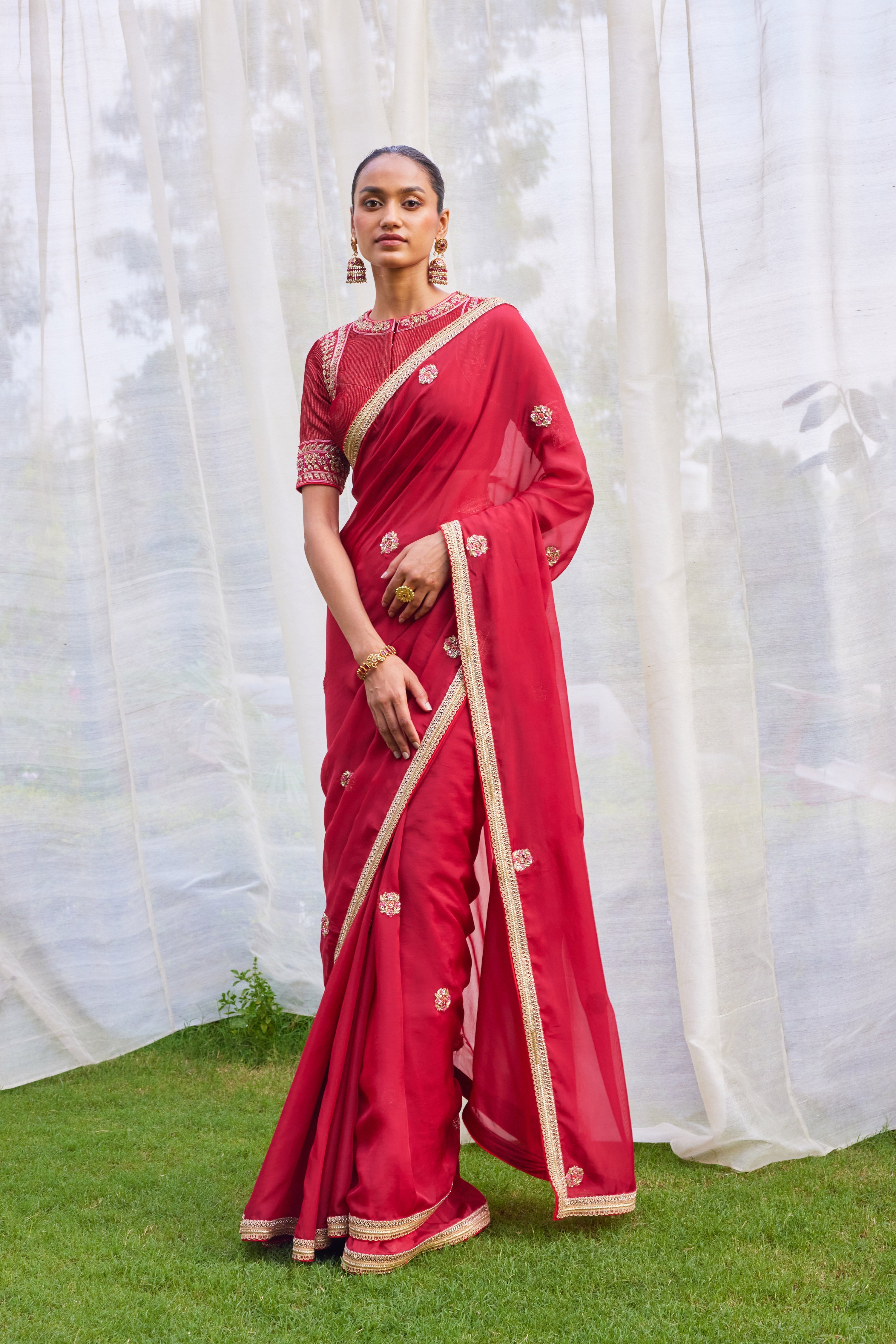 Red Maroon Saree Set