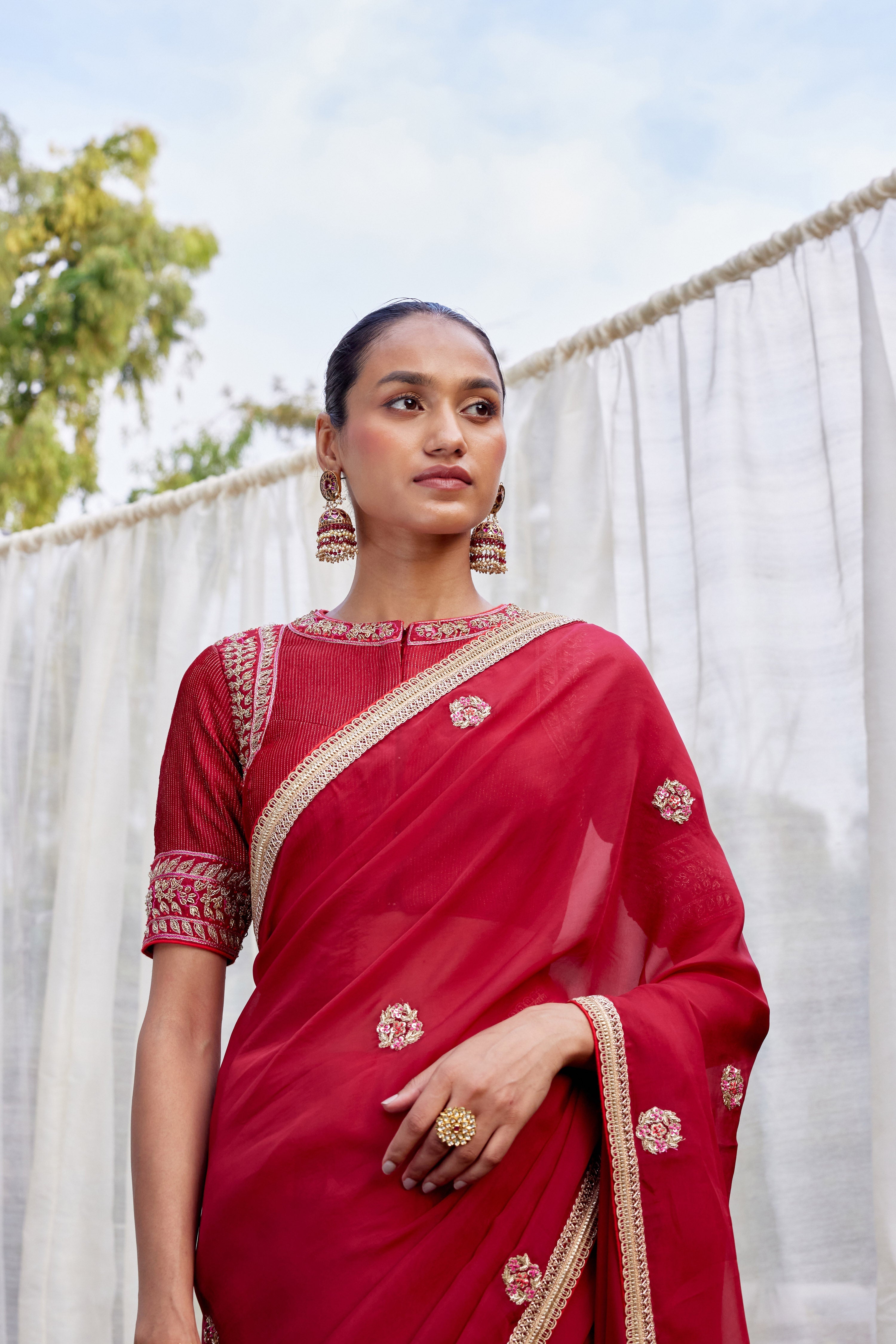 Red Maroon Saree Set