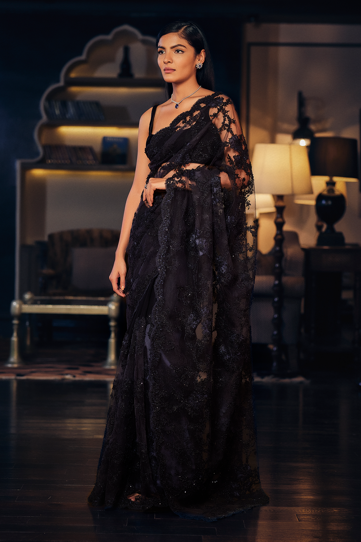 Midnight Blue applique Saree and Blouse