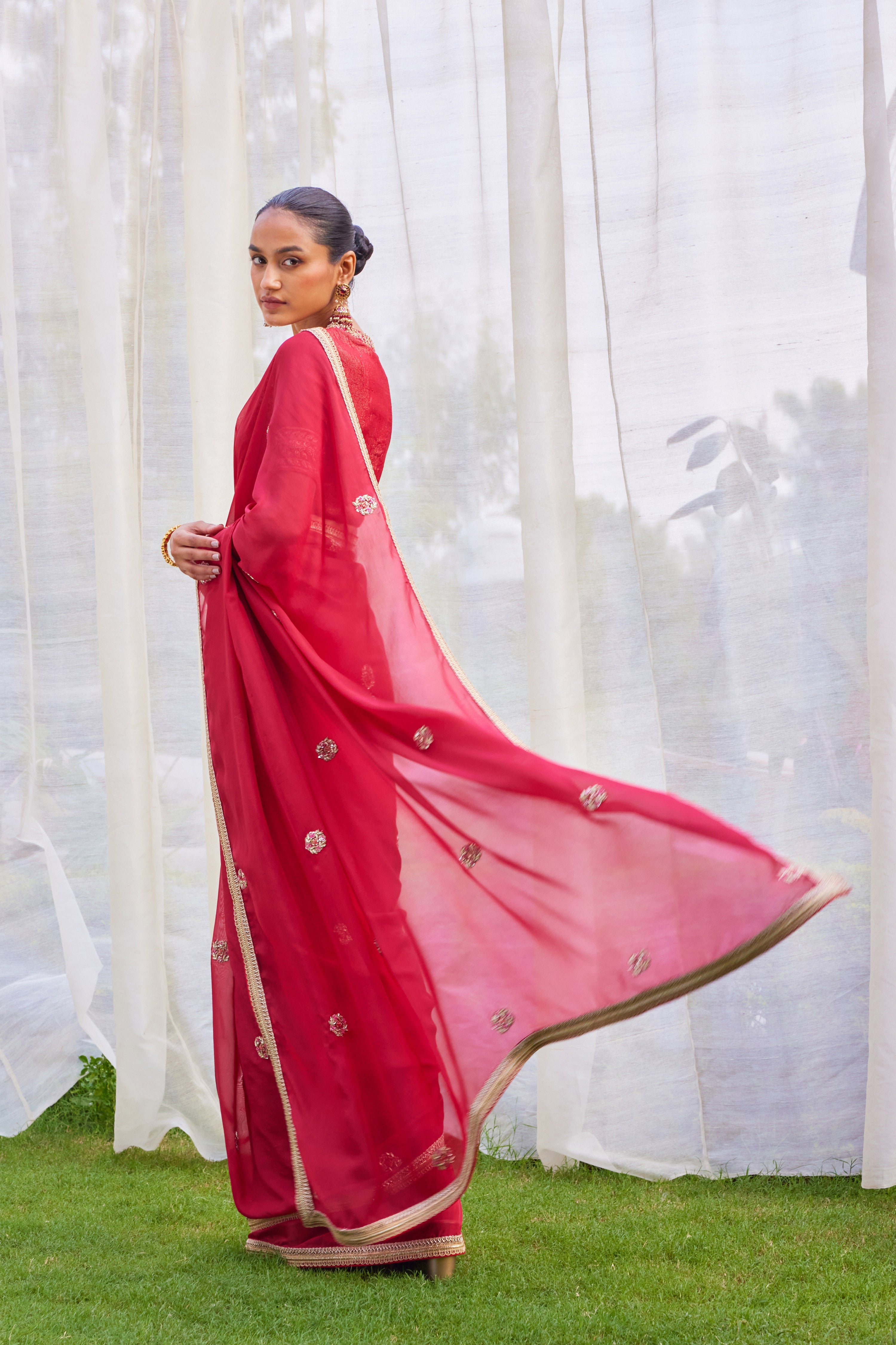 Red Maroon Saree Set