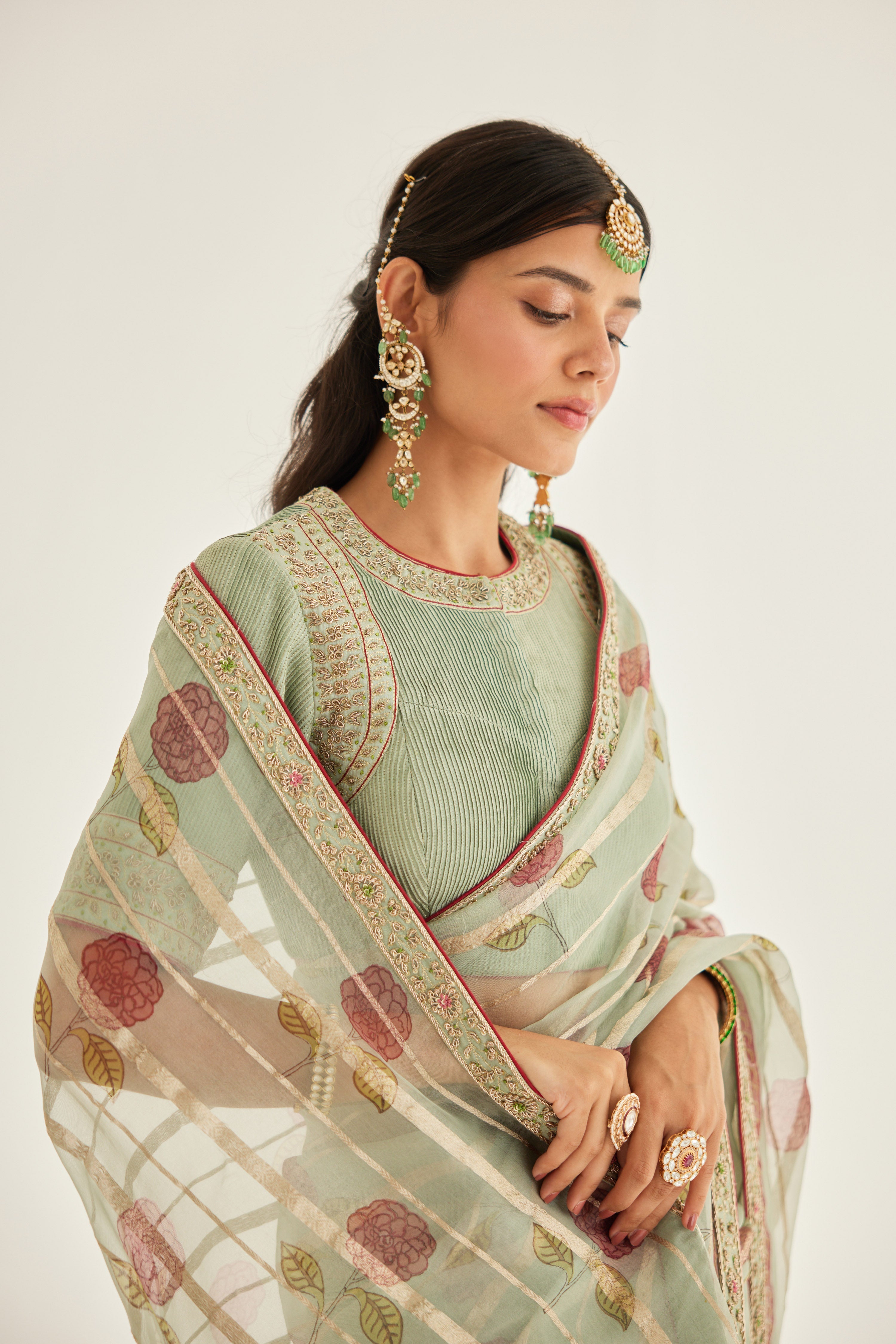 Smoke Green Saree Set
