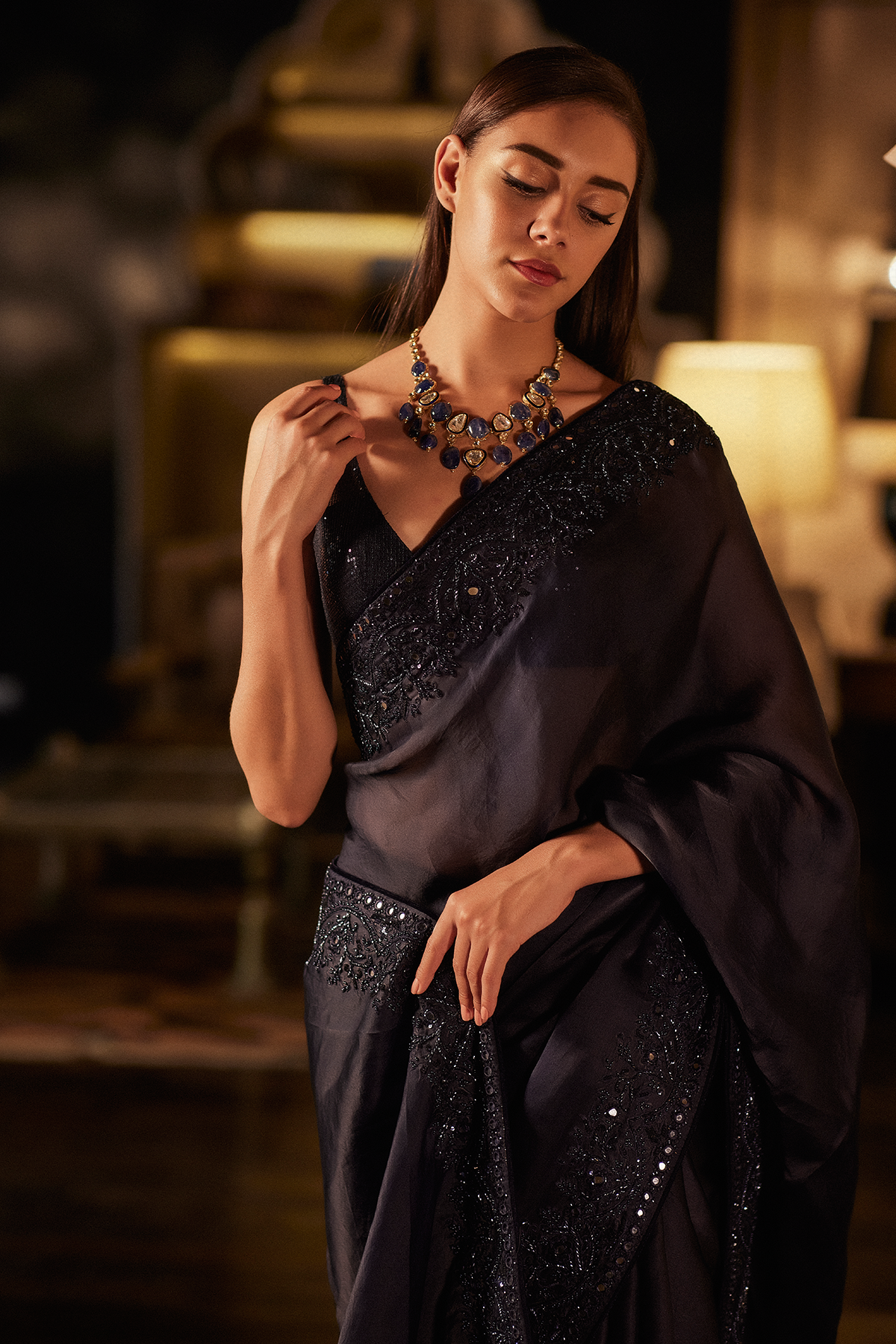 Midnight Blue Organza Saree and Blouse