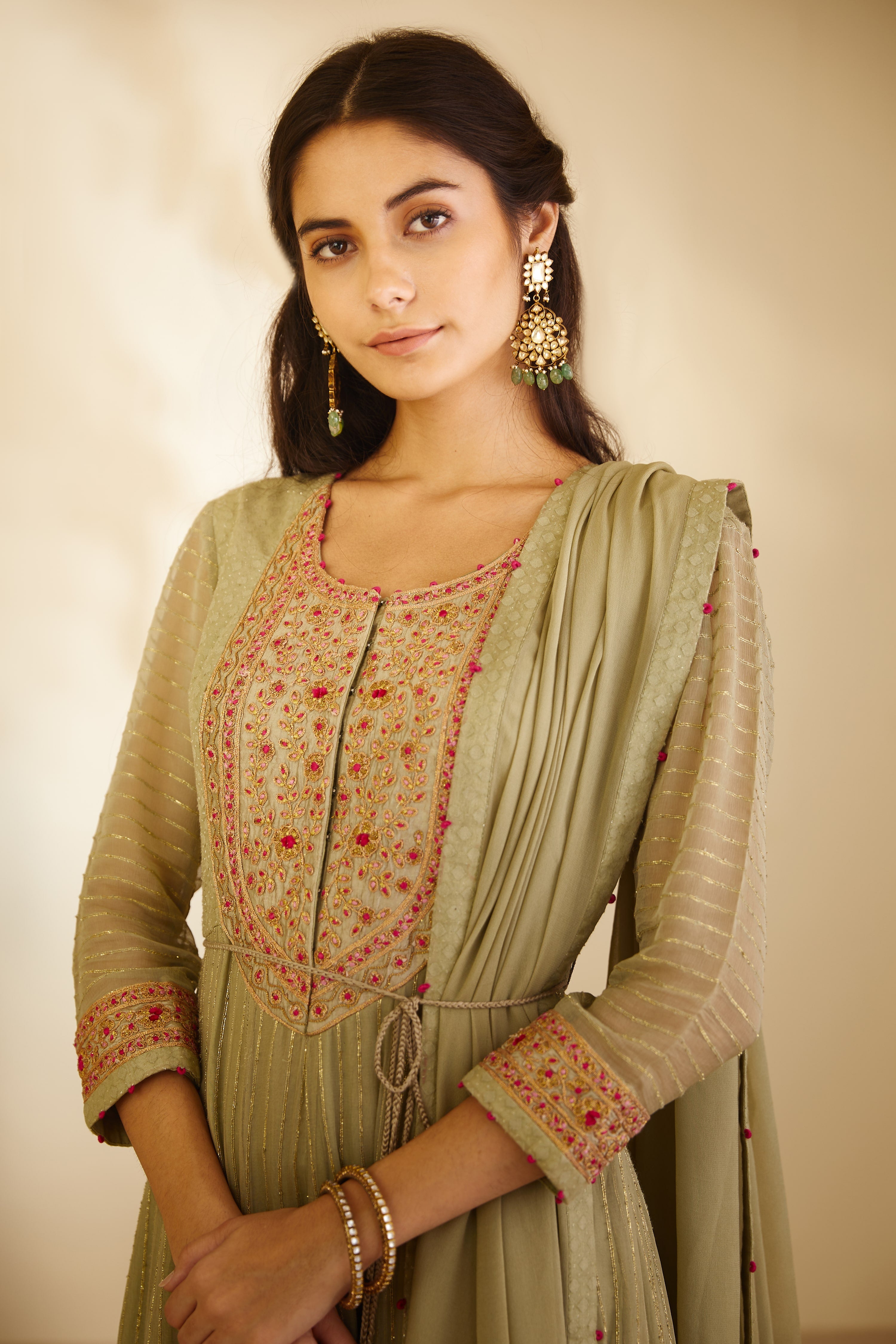 Neutral Green Anarkali Set