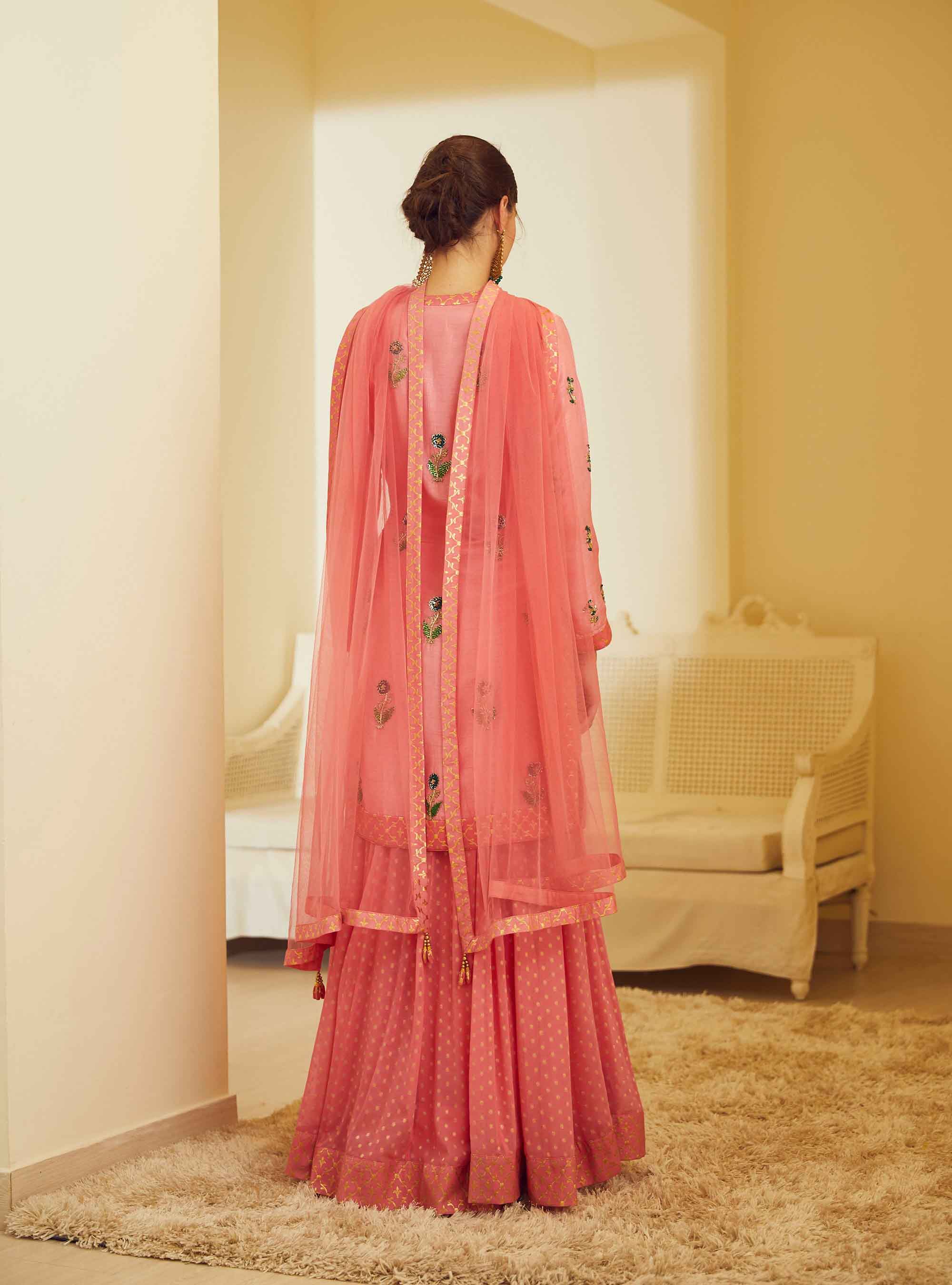 Coral Pink Kurta and Skirt Set