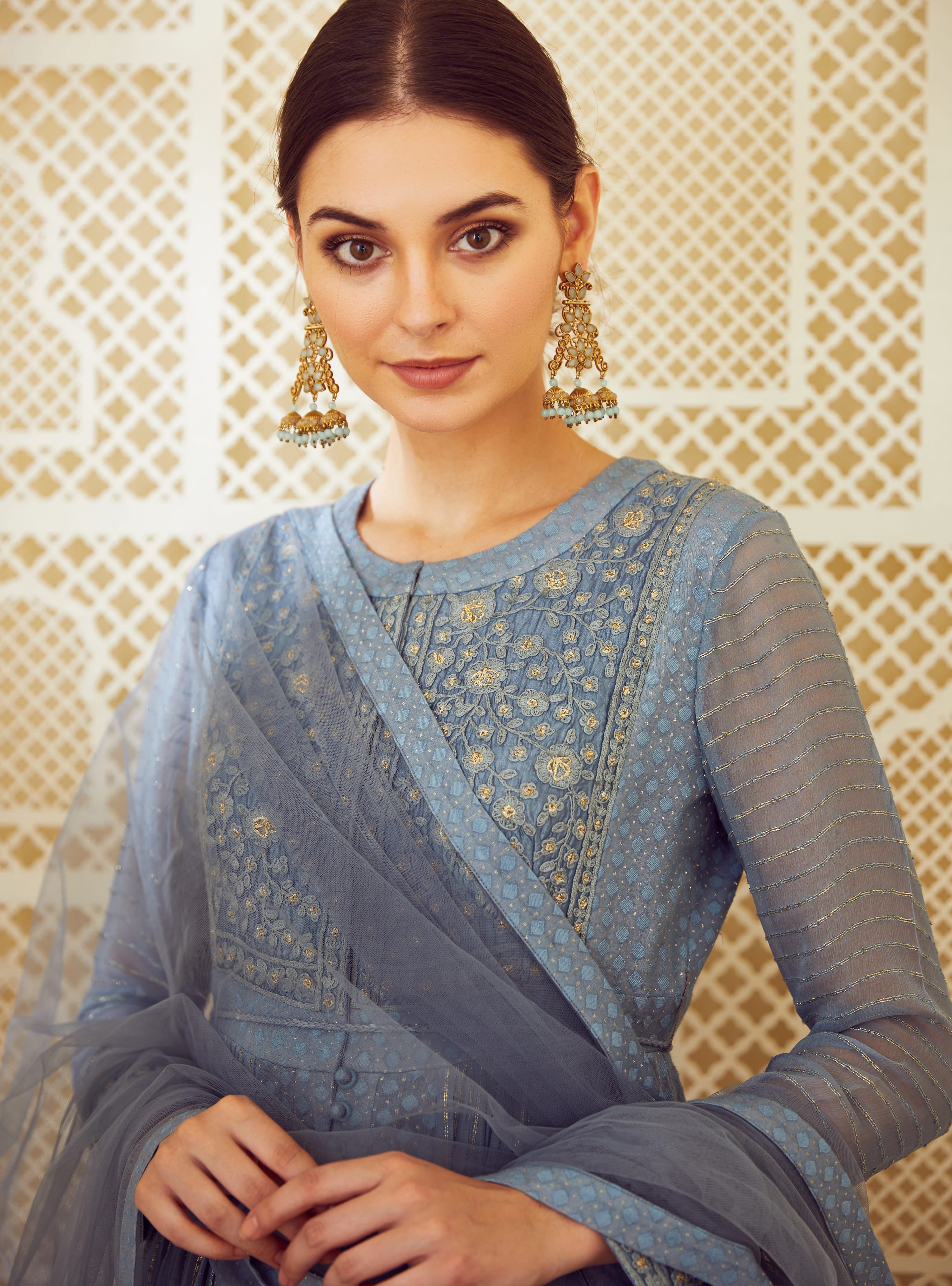 Blue Grey Anarkali Set