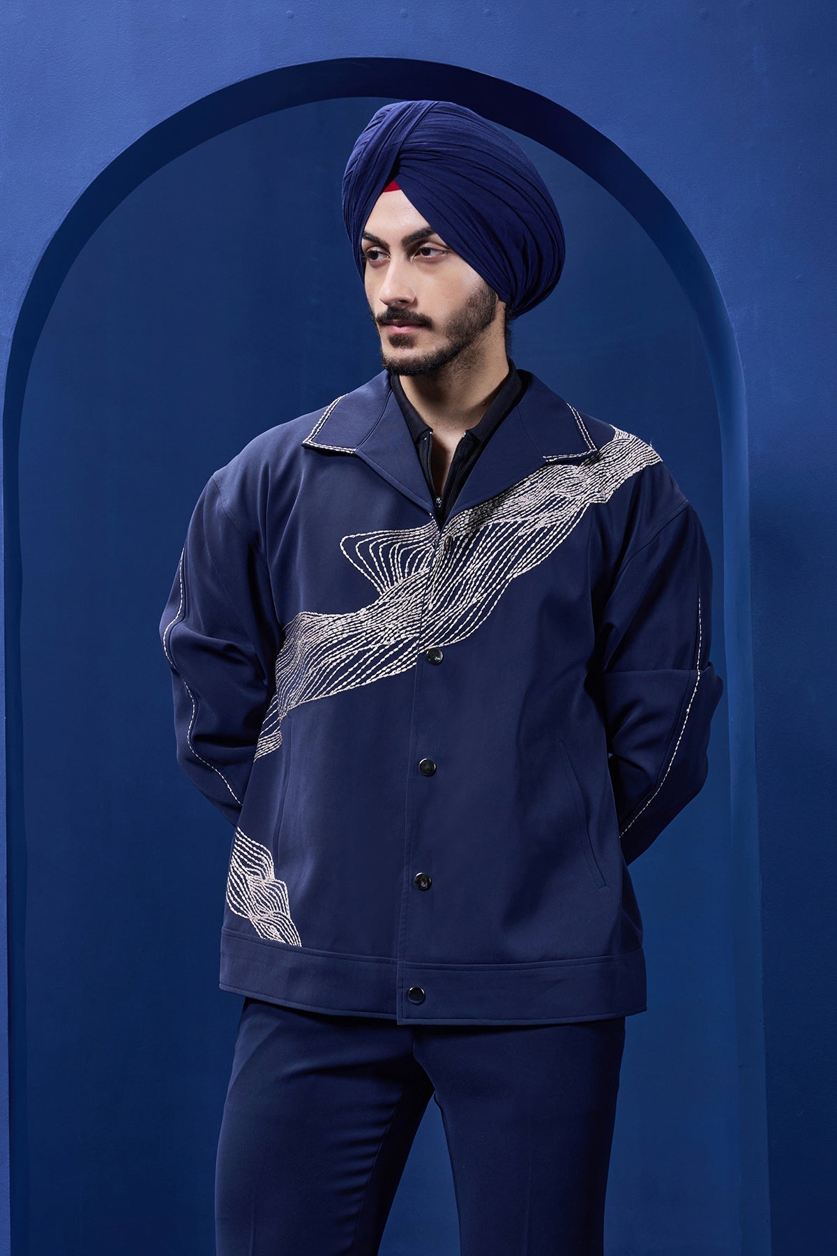 Navy Blue cord set detailing with thread embroidery