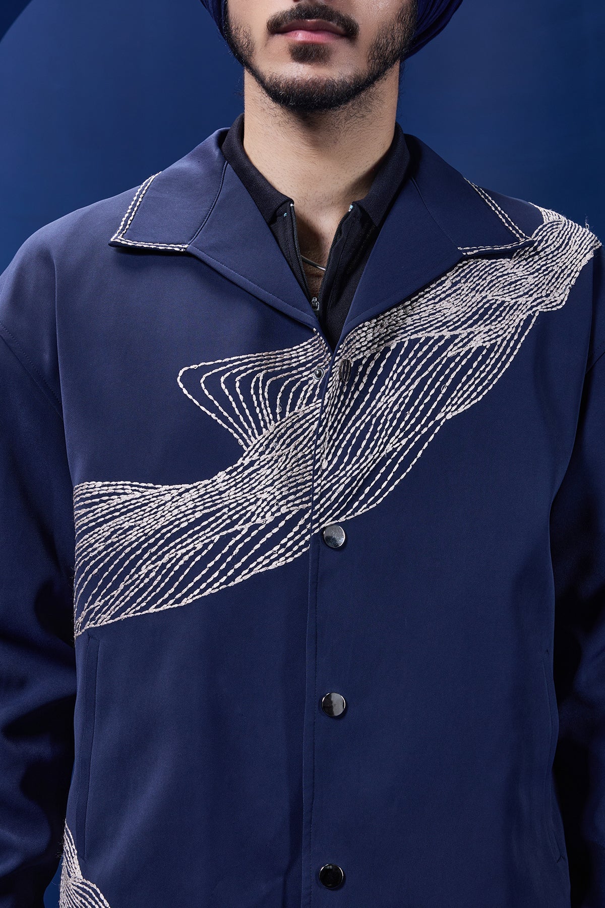 Navy Blue cord set detailing with thread embroidery