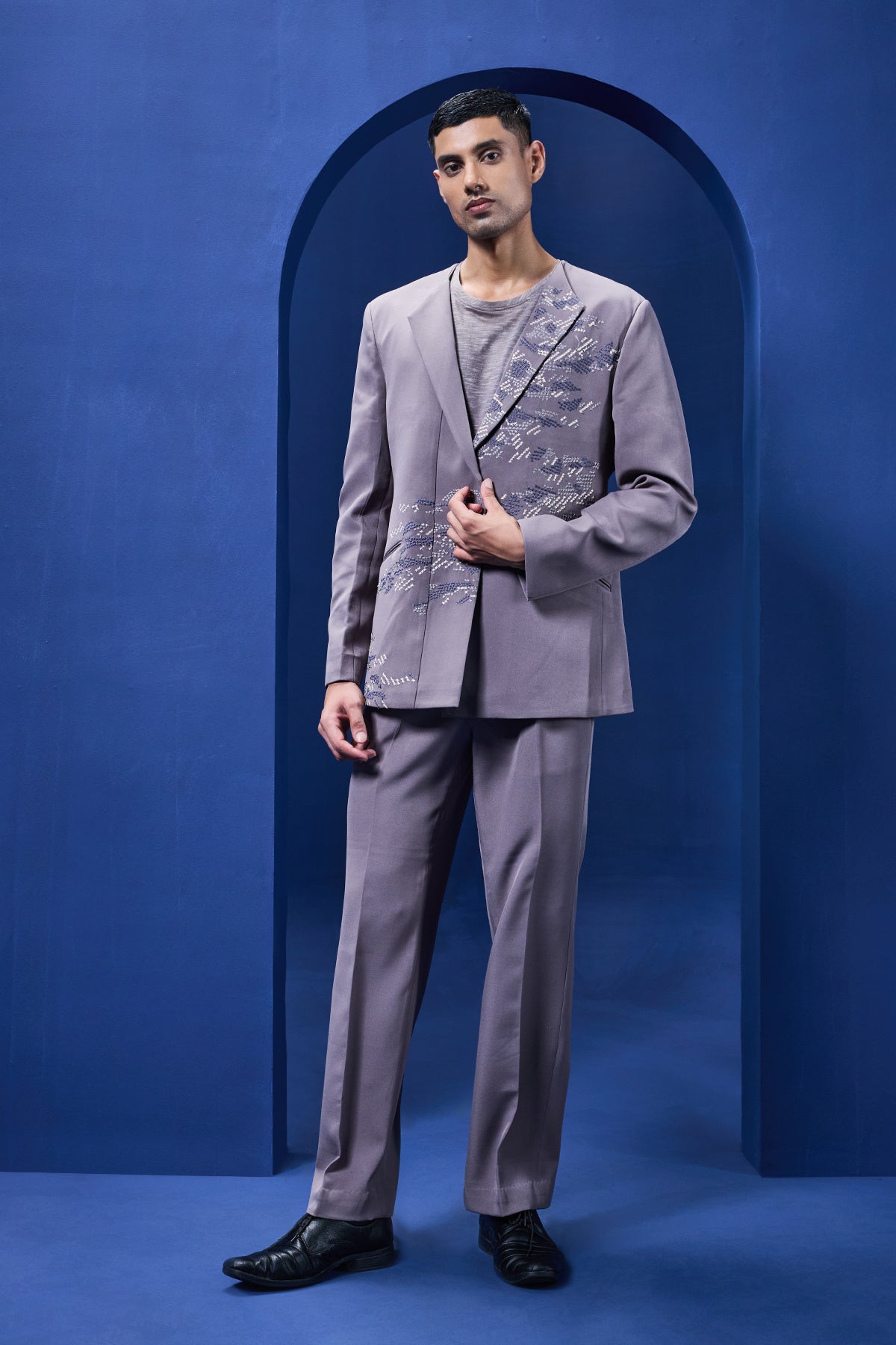 Grey cord set detailing with thread embroidery