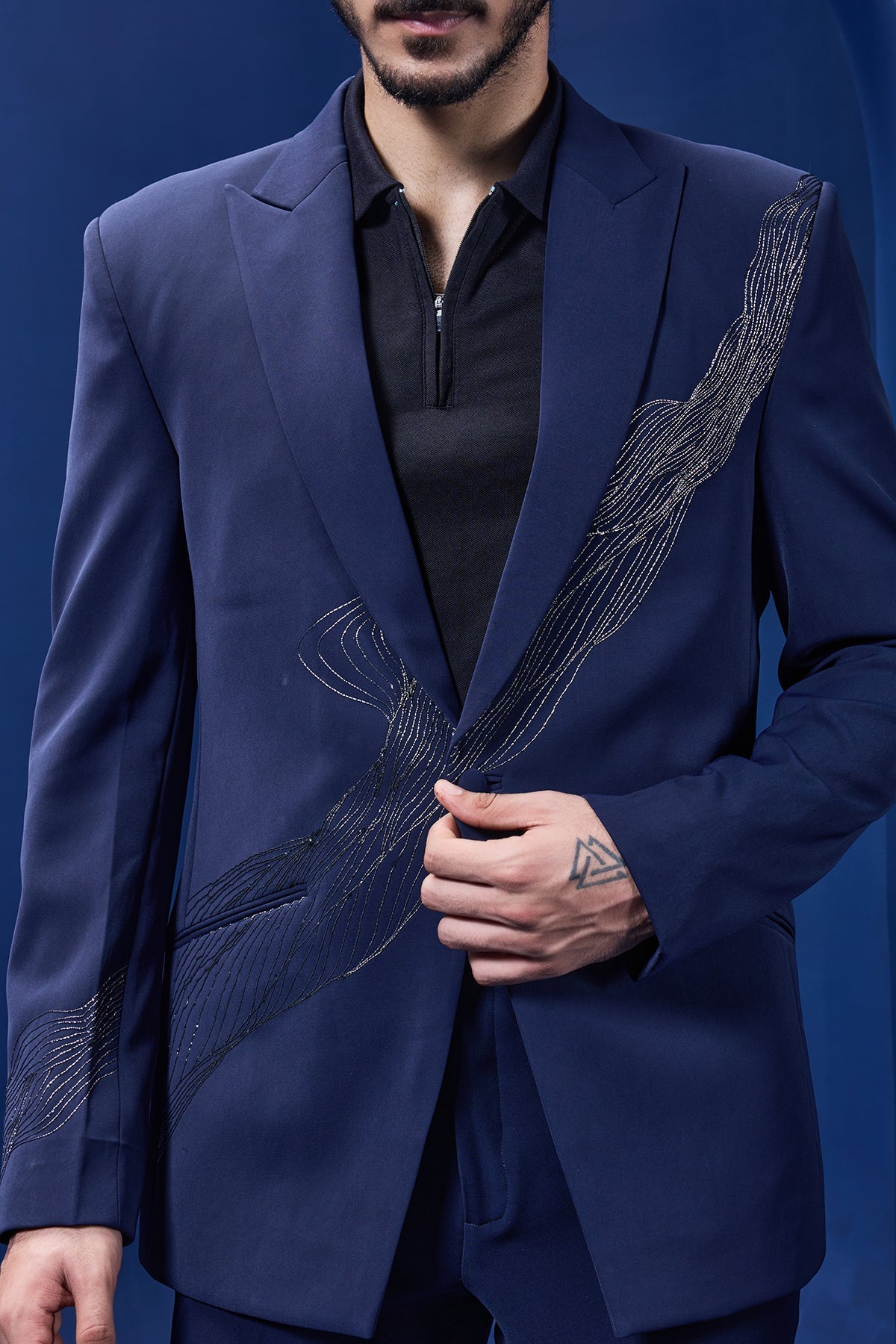 Navy Blue blazer detailing with silver zari