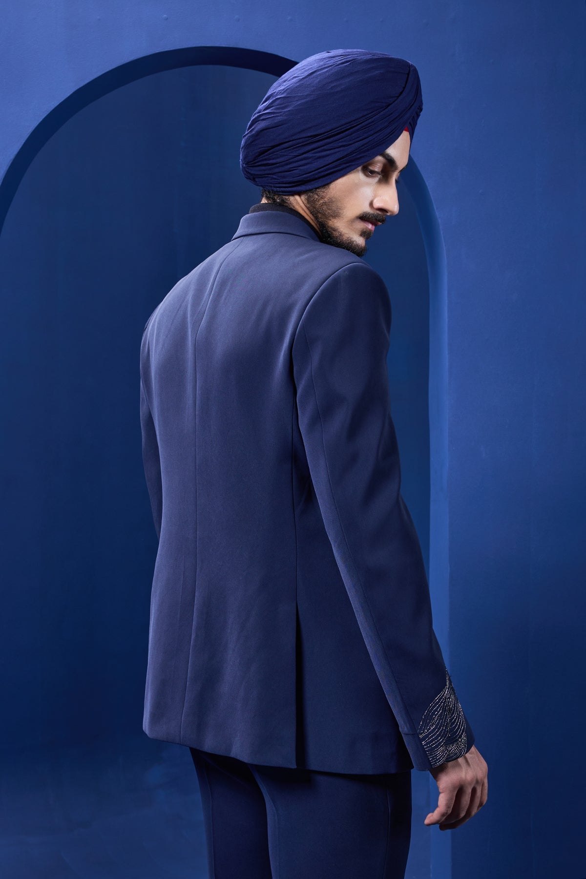 Navy Blue blazer detailing with silver zari