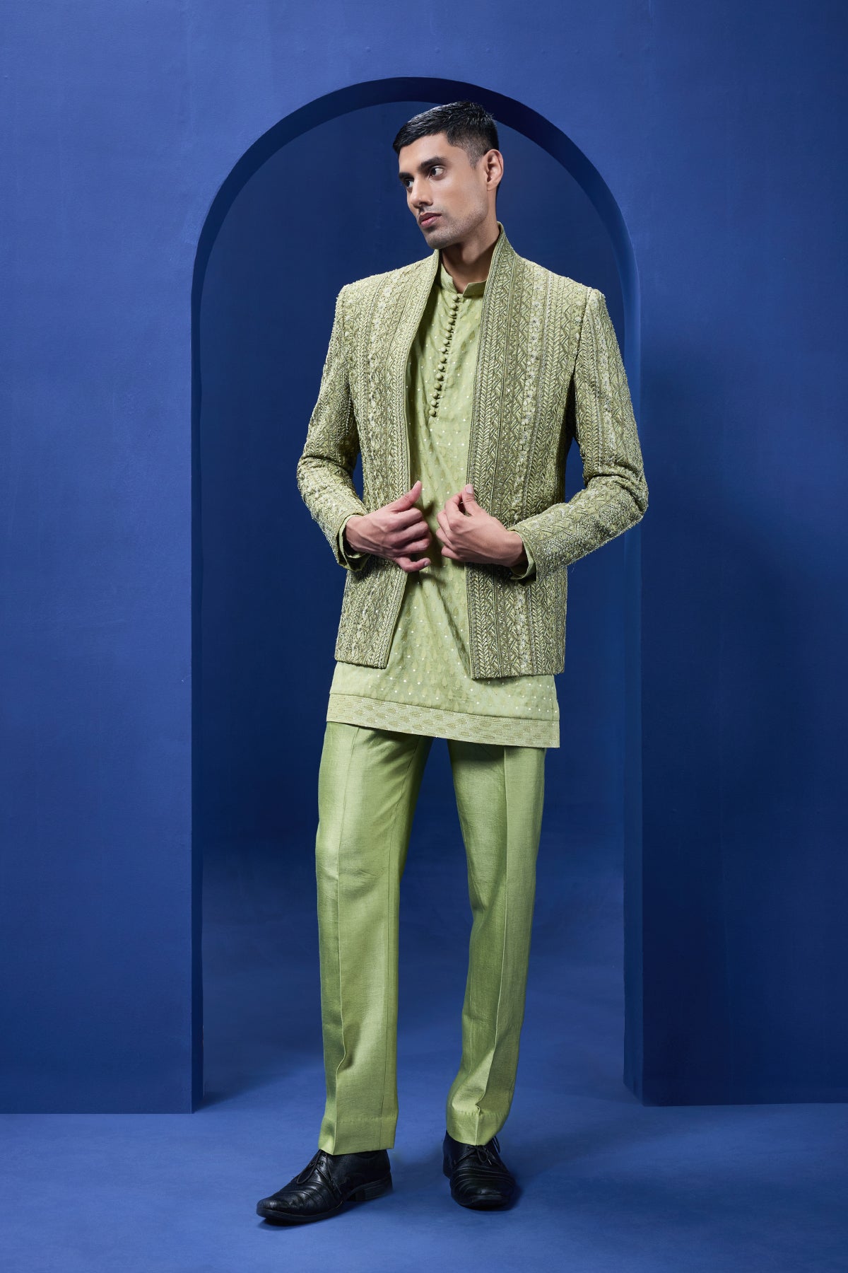 Green open bandhgala 
with thread sequins & pearl
work