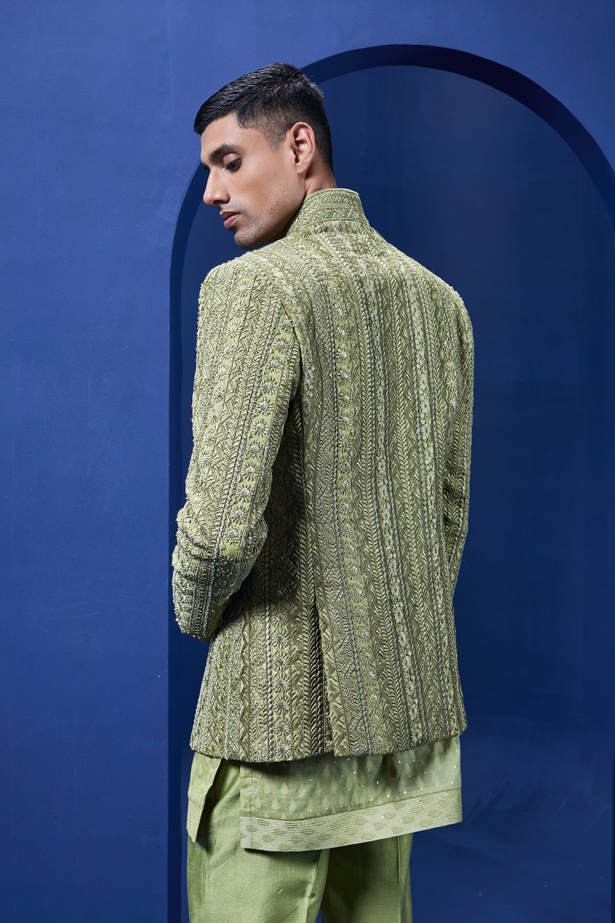 Green open bandhgala 
with thread sequins & pearl
work