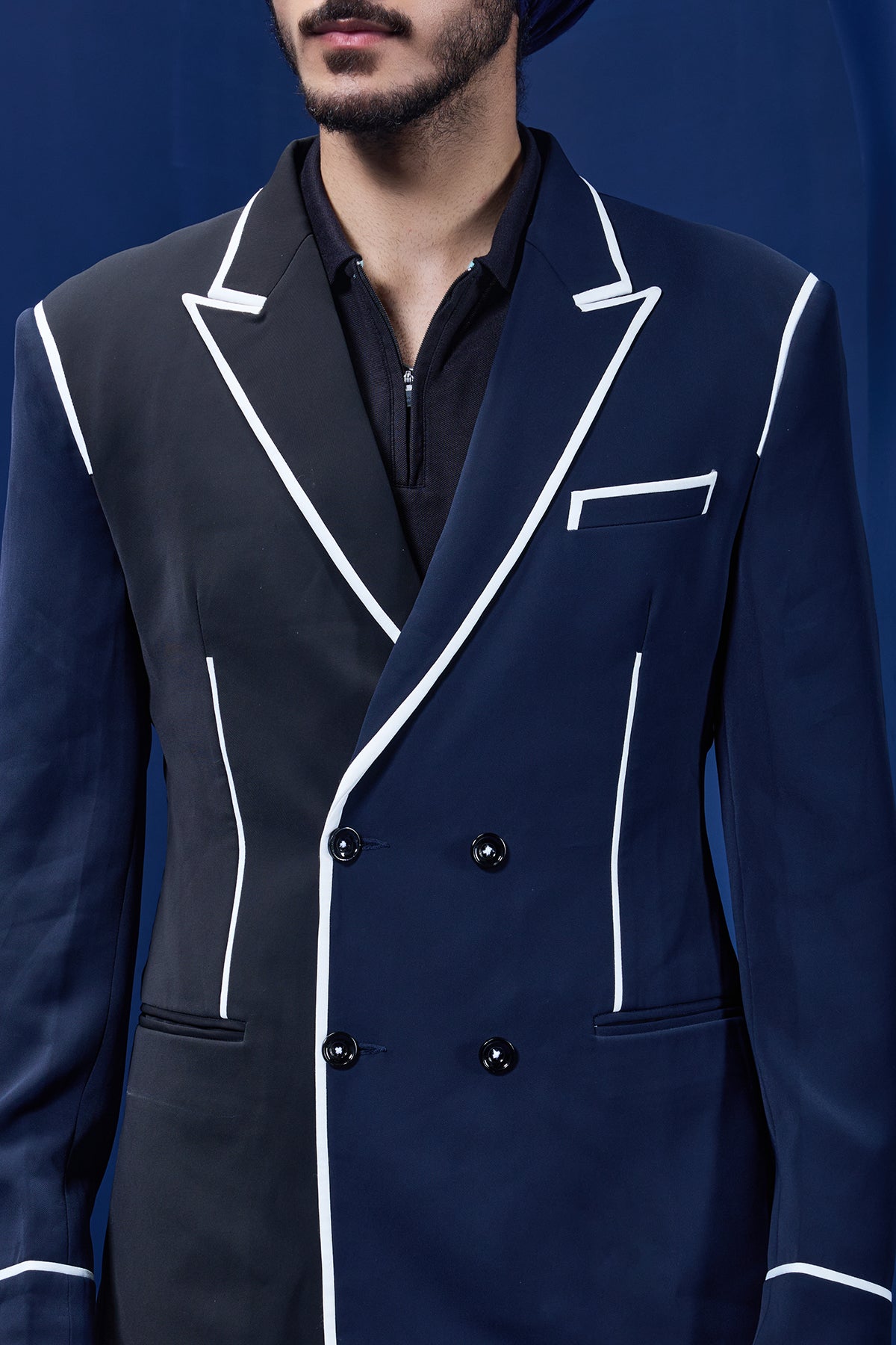 Navy blue and black dual colour blazer detailing with white taping