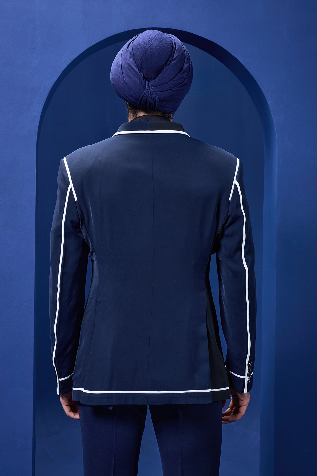 Navy blue and black dual colour blazer detailing with white taping