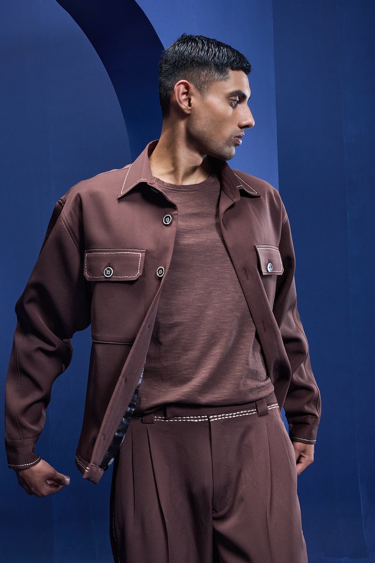 Brown cord set detailing with brown button and horse embroidery