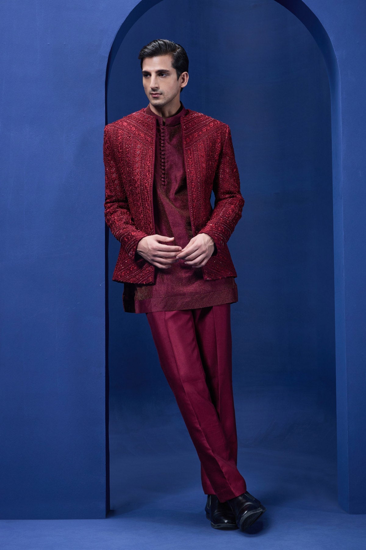 Wine open bandhgala 
with thread sequins & pearl
work