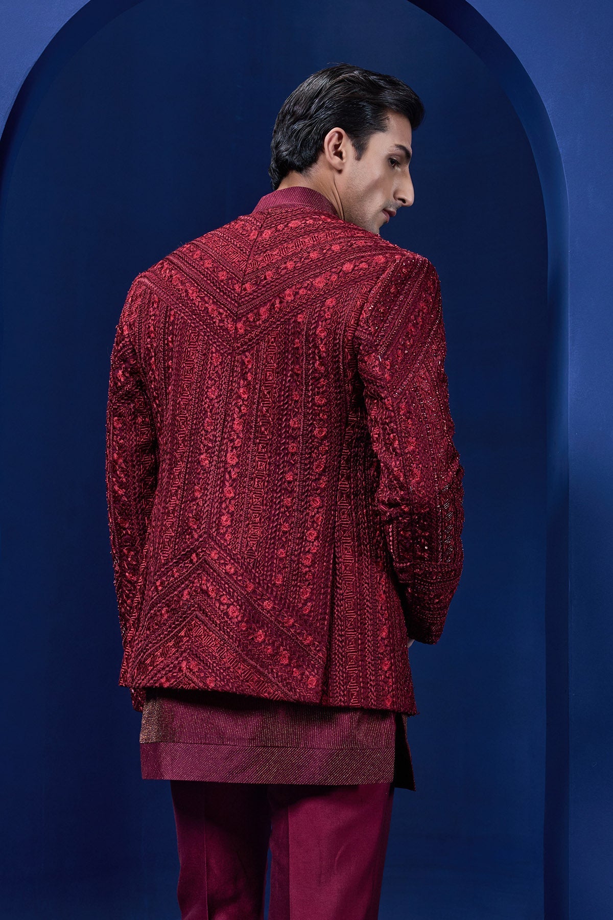 Wine open bandhgala 
with thread sequins & pearl
work