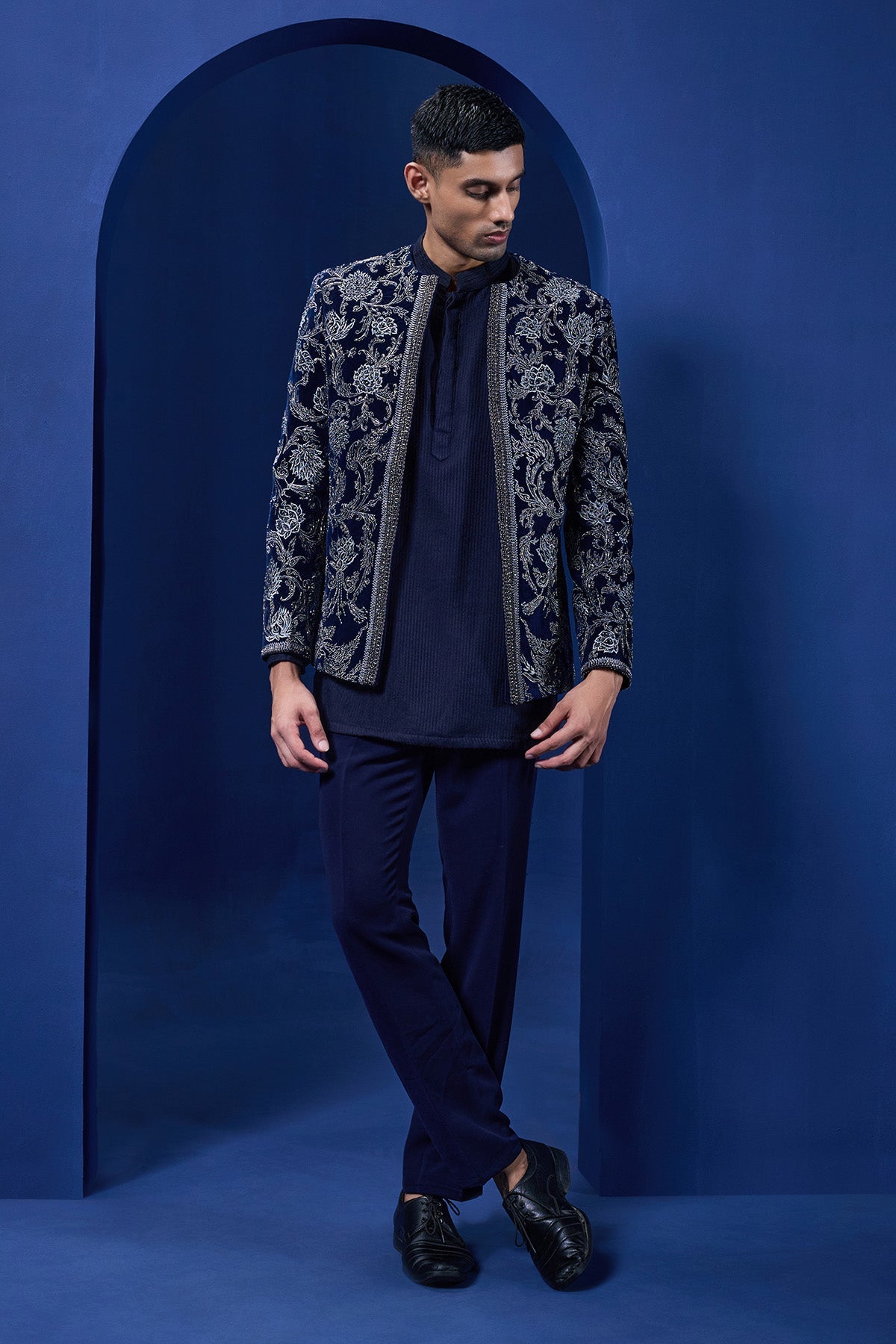 Navy Blue open bandhgala 
with silver zari sequins & pearl
work