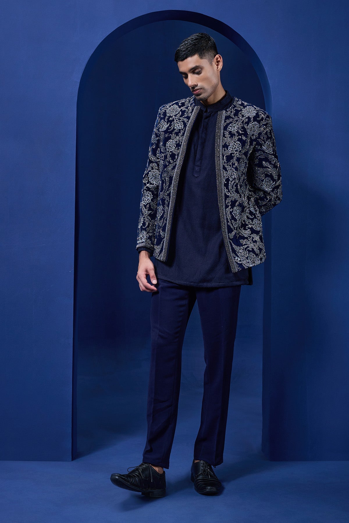 Navy Blue open bandhgala 
with silver zari sequins & pearl
work