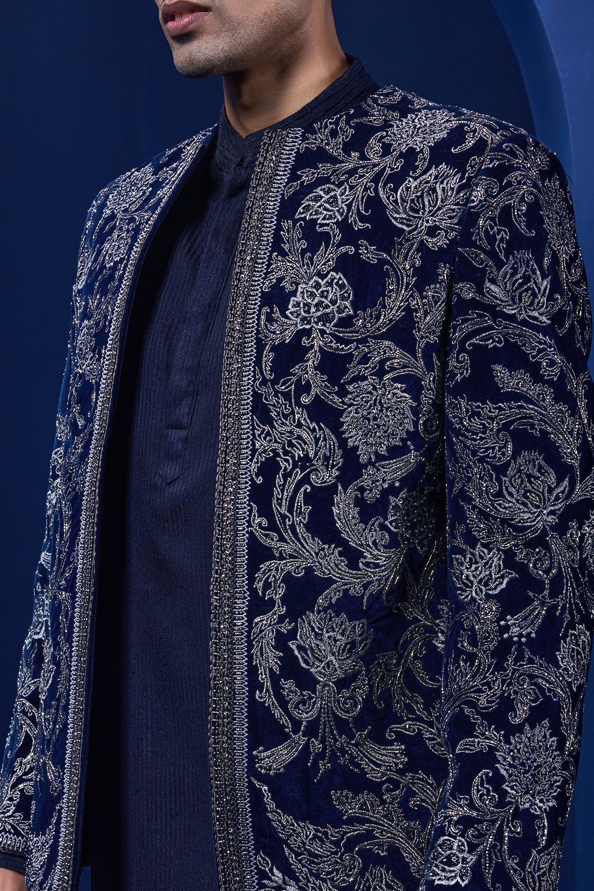 Navy Blue open bandhgala 
with silver zari sequins & pearl
work