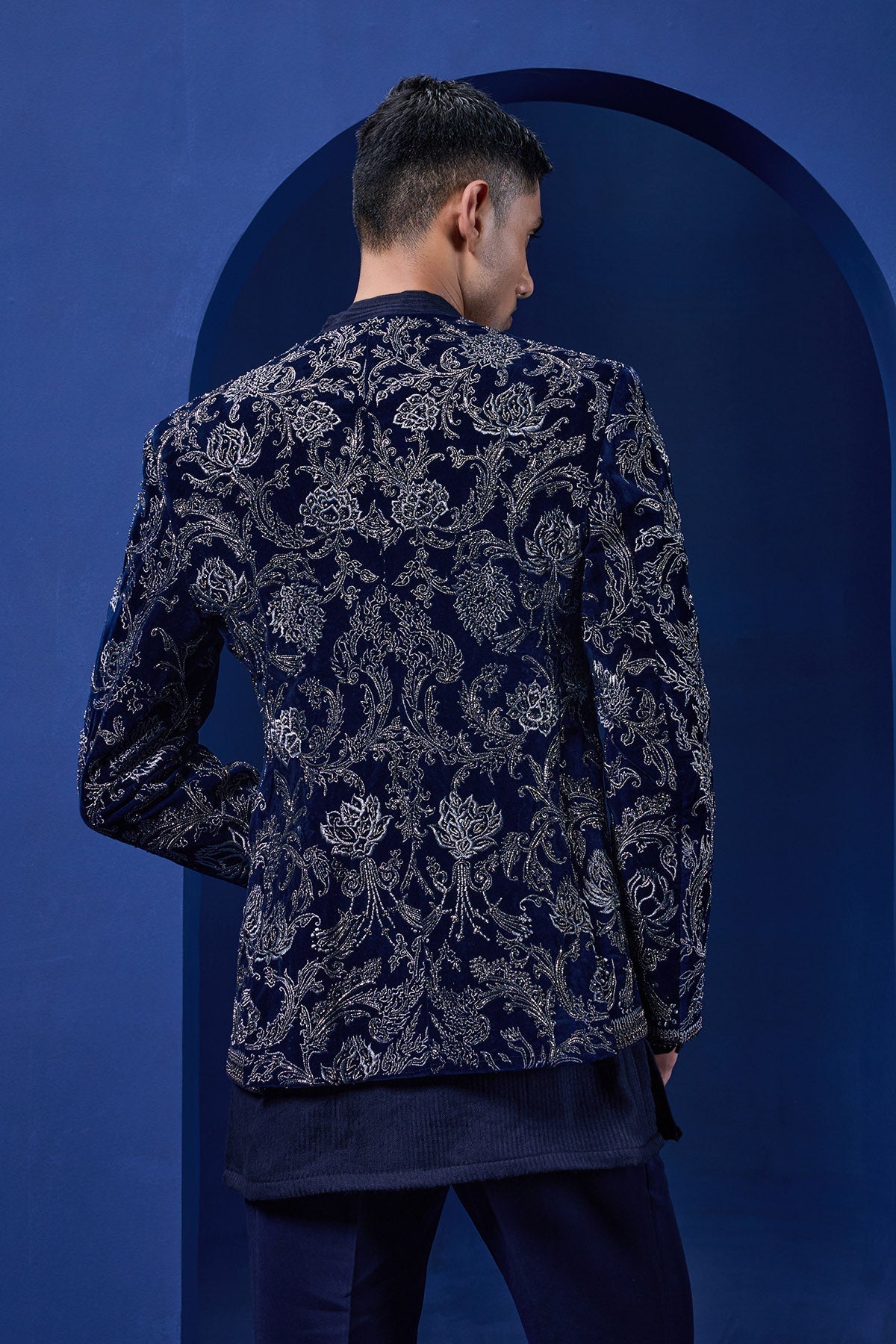 Navy Blue open bandhgala 
with silver zari sequins & pearl
work