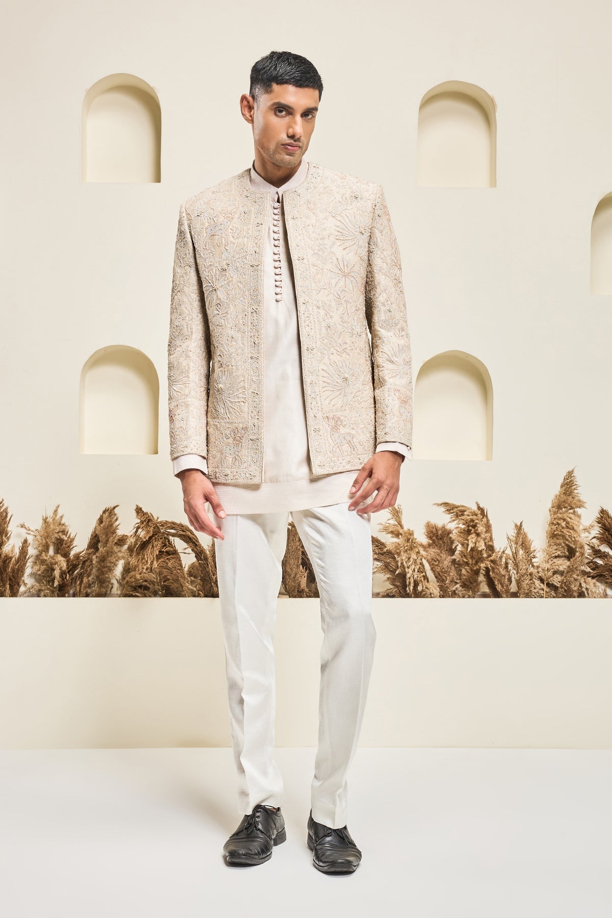 Dusty rose open bandhgala 
with thread sequins & pearl
work