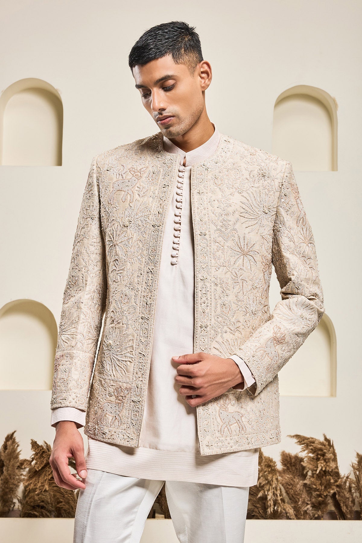 Dusty rose open bandhgala 
with thread sequins & pearl
work