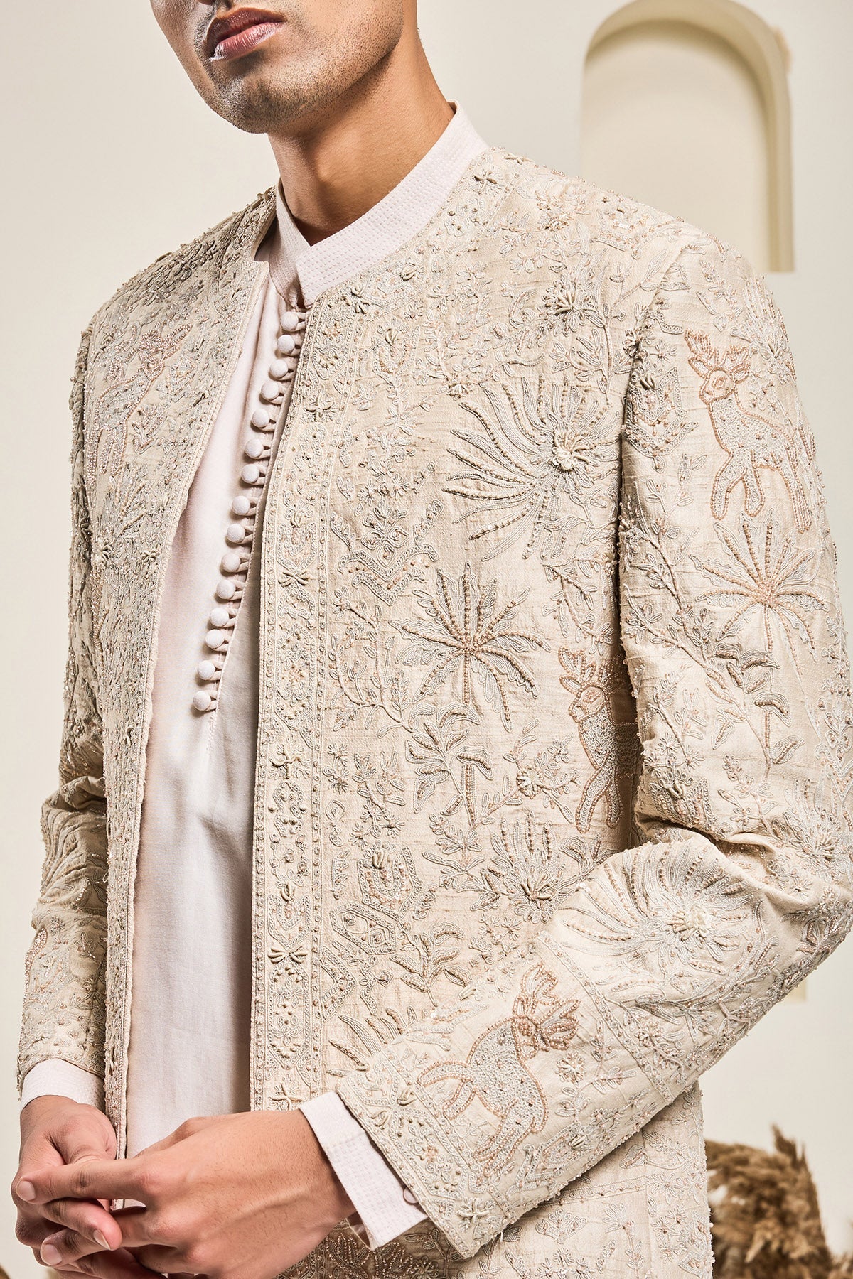 Dusty rose open bandhgala 
with thread sequins & pearl
work