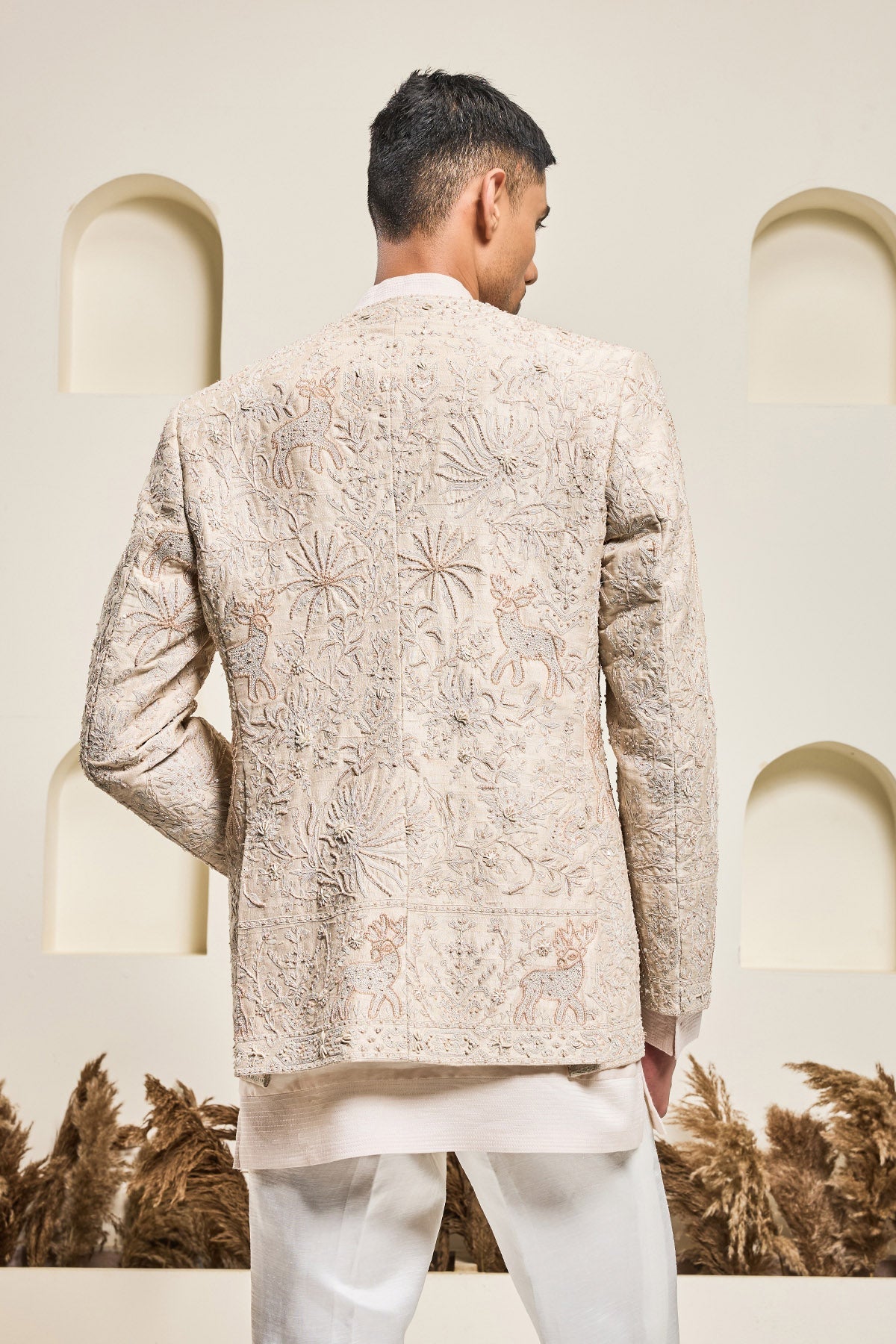 Dusty rose open bandhgala 
with thread sequins & pearl
work