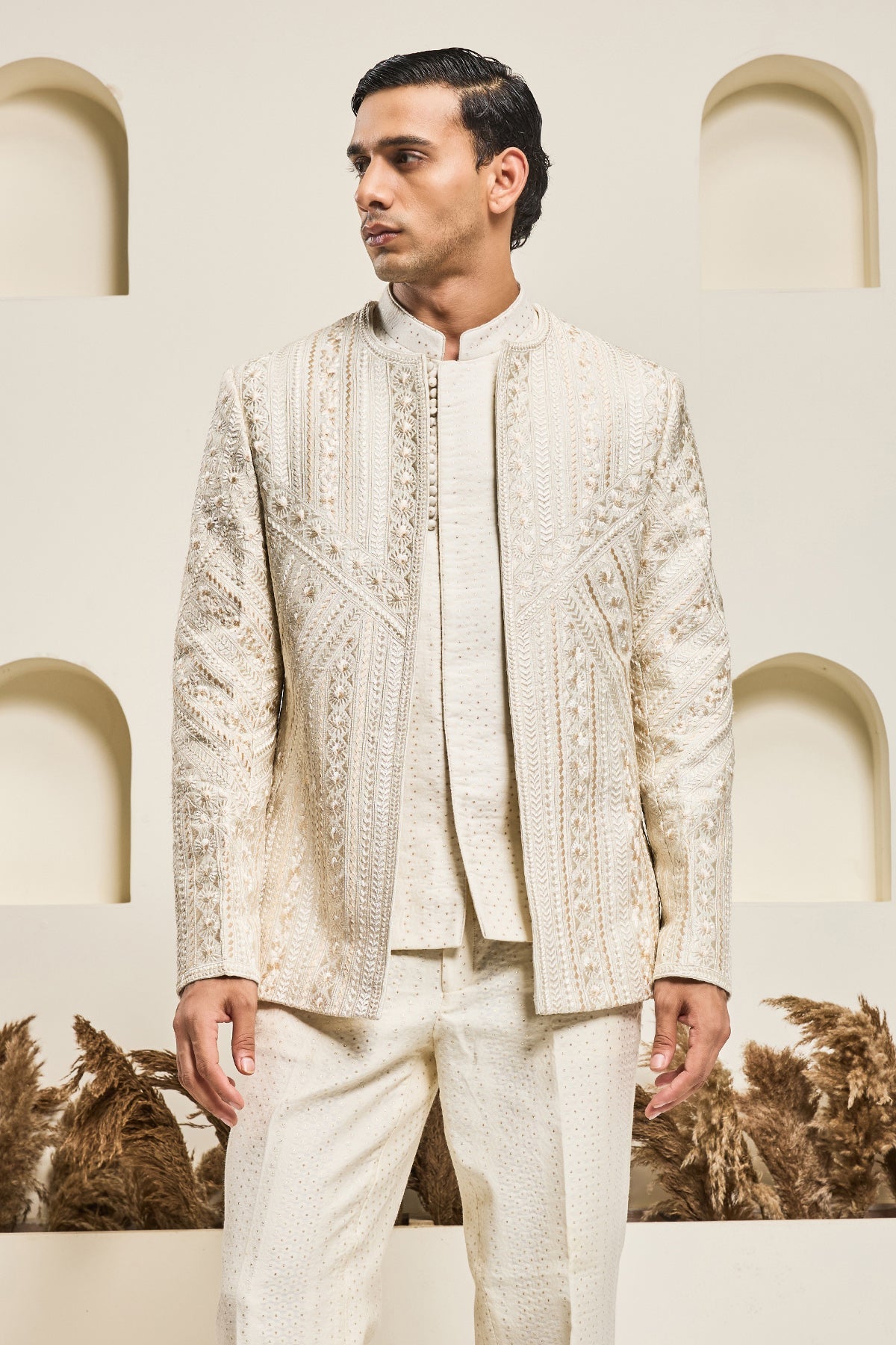Ivory open bandhgala 
with Resham thread Work