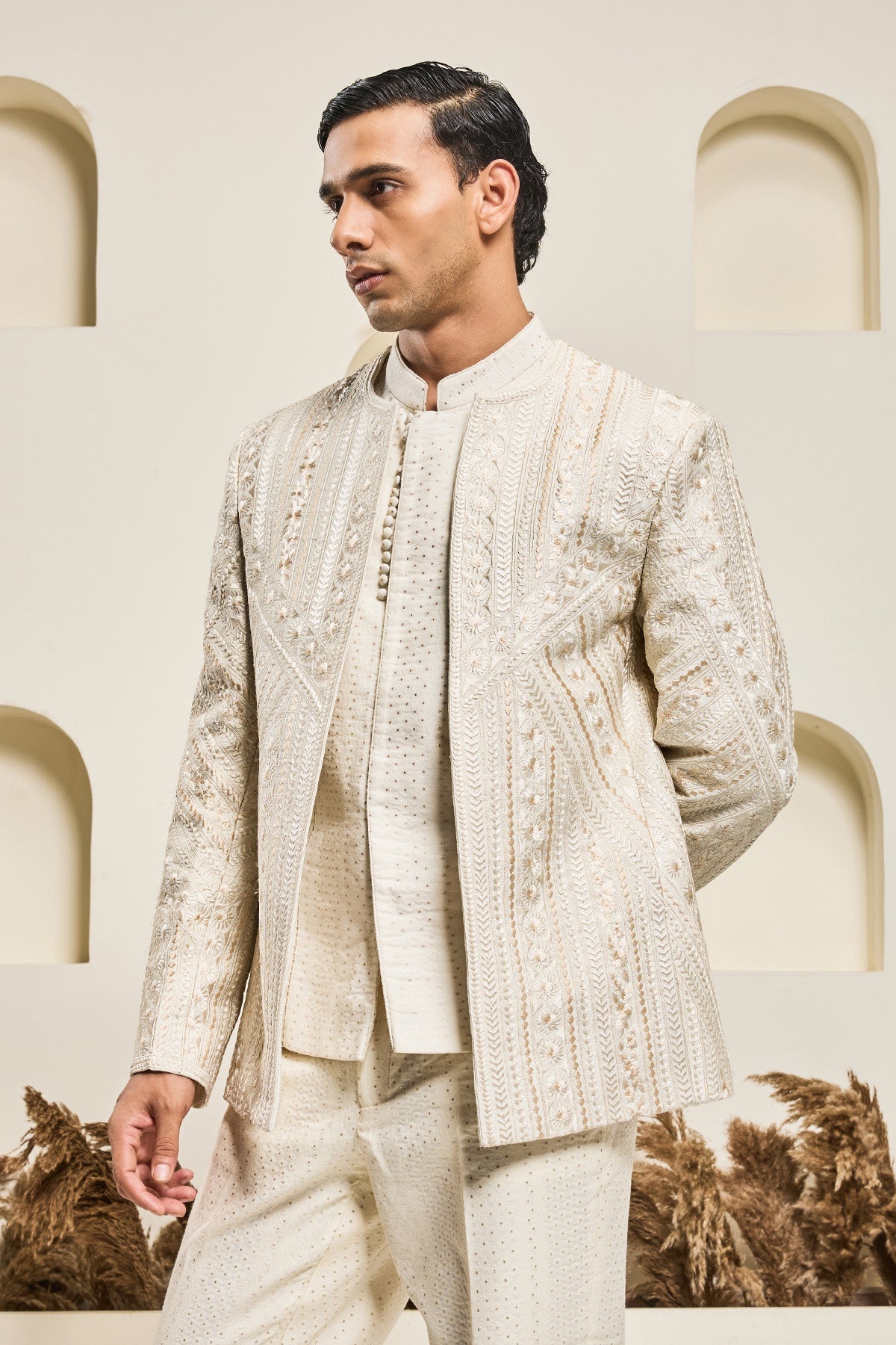 Ivory open bandhgala 
with Resham thread Work